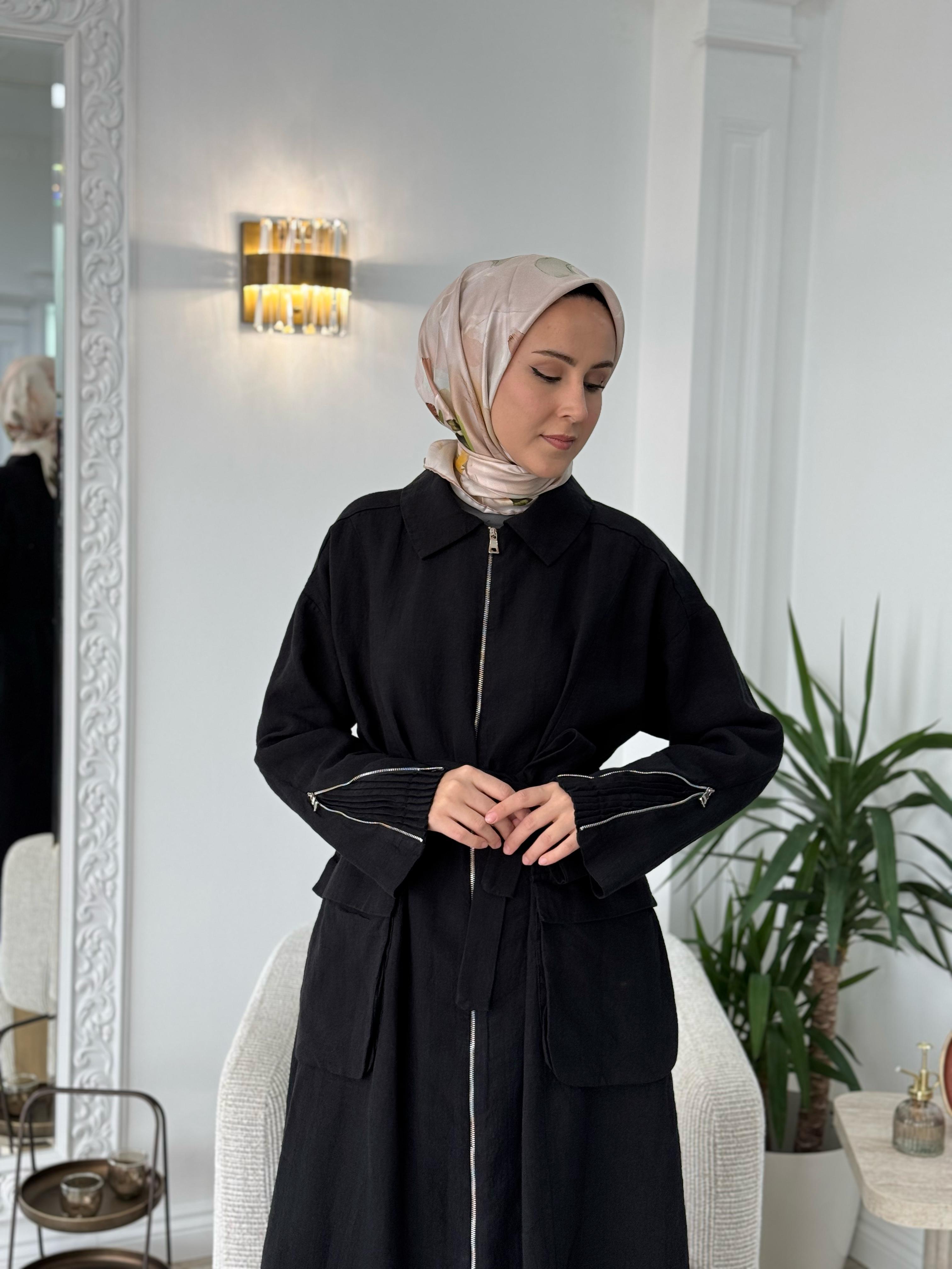 Misswhence Fermuarlı Keten Pardesü Siyah 37509
