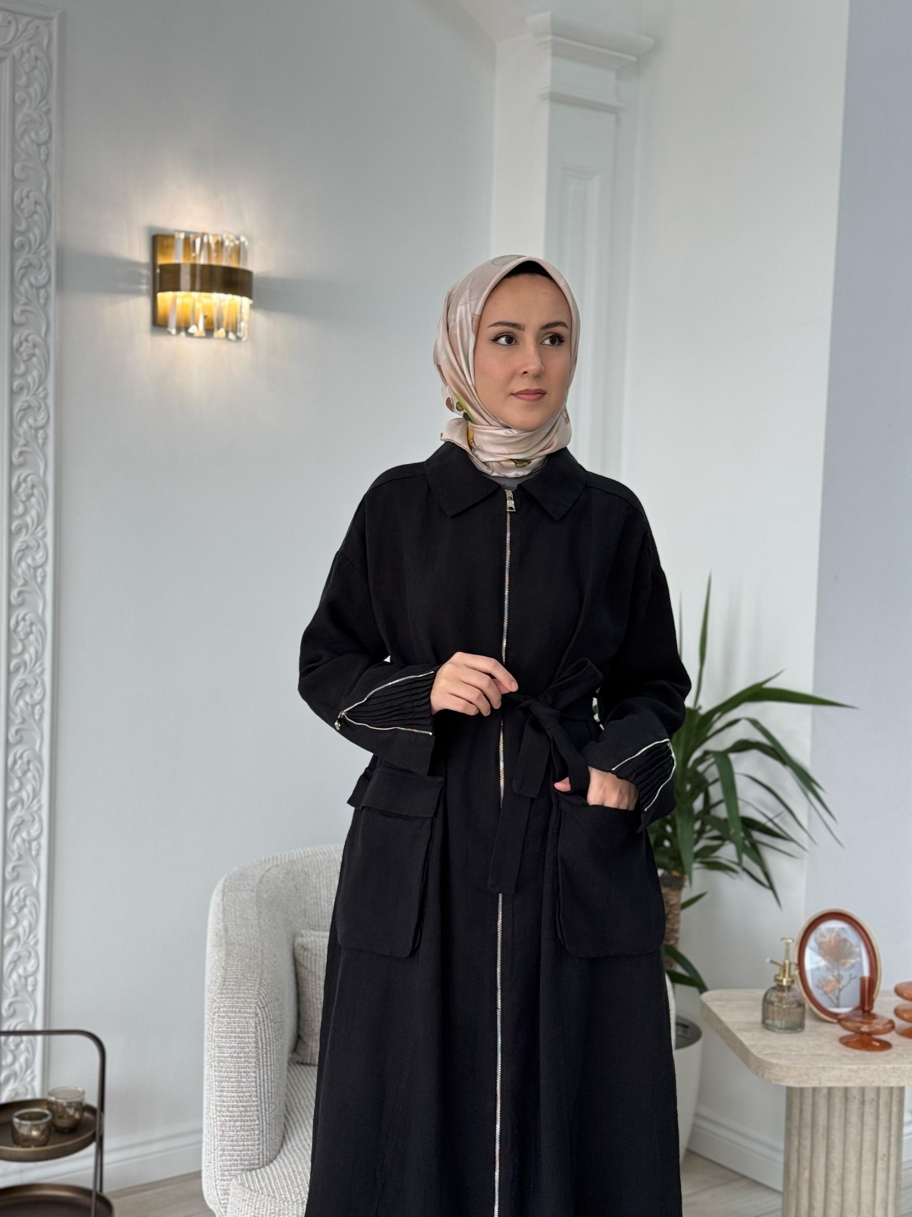 Misswhence Fermuarlı Keten Pardesü Siyah 37509