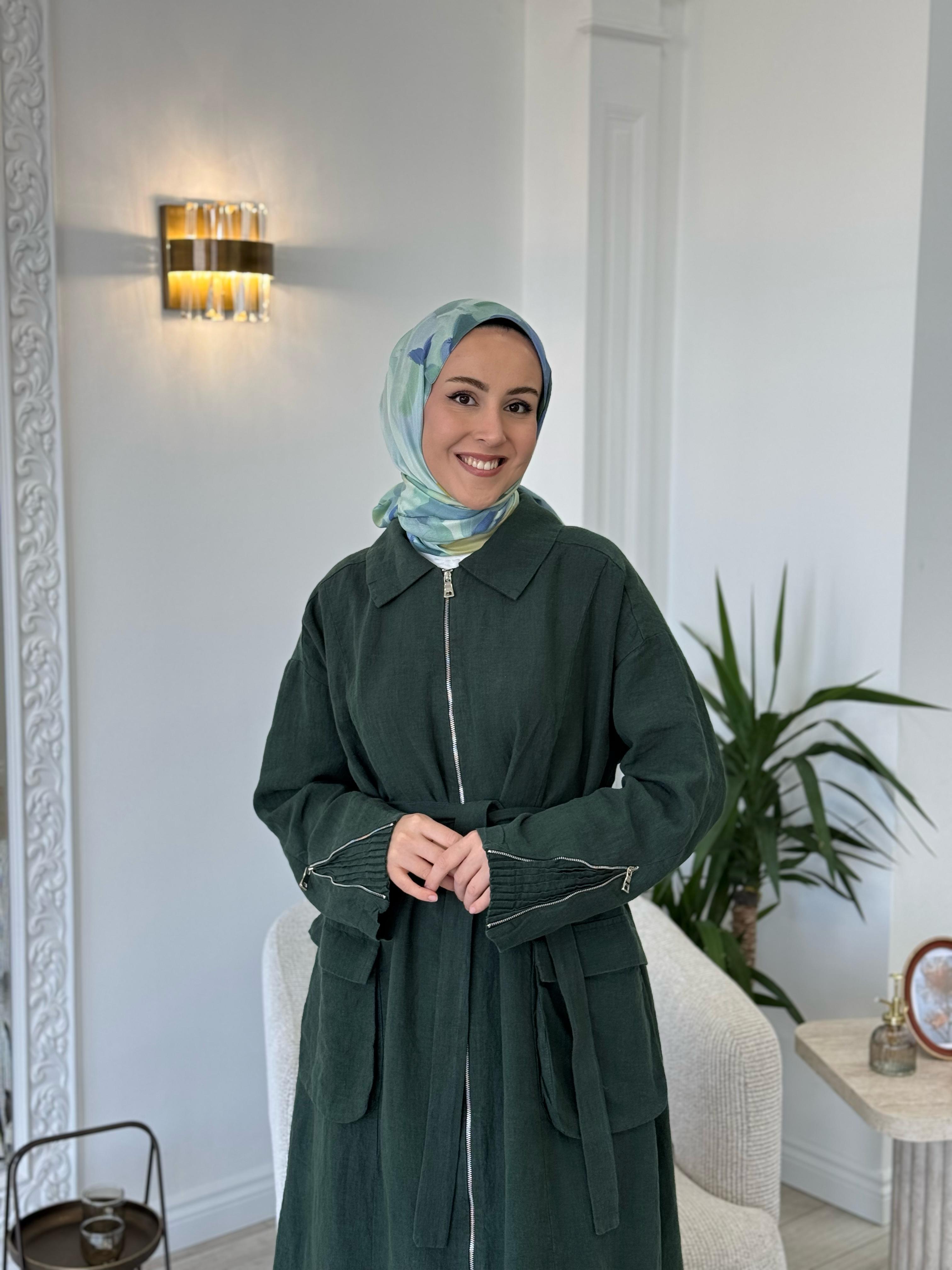 Misswhence Fermuarlı Keten Pardesü Yeşil 37509