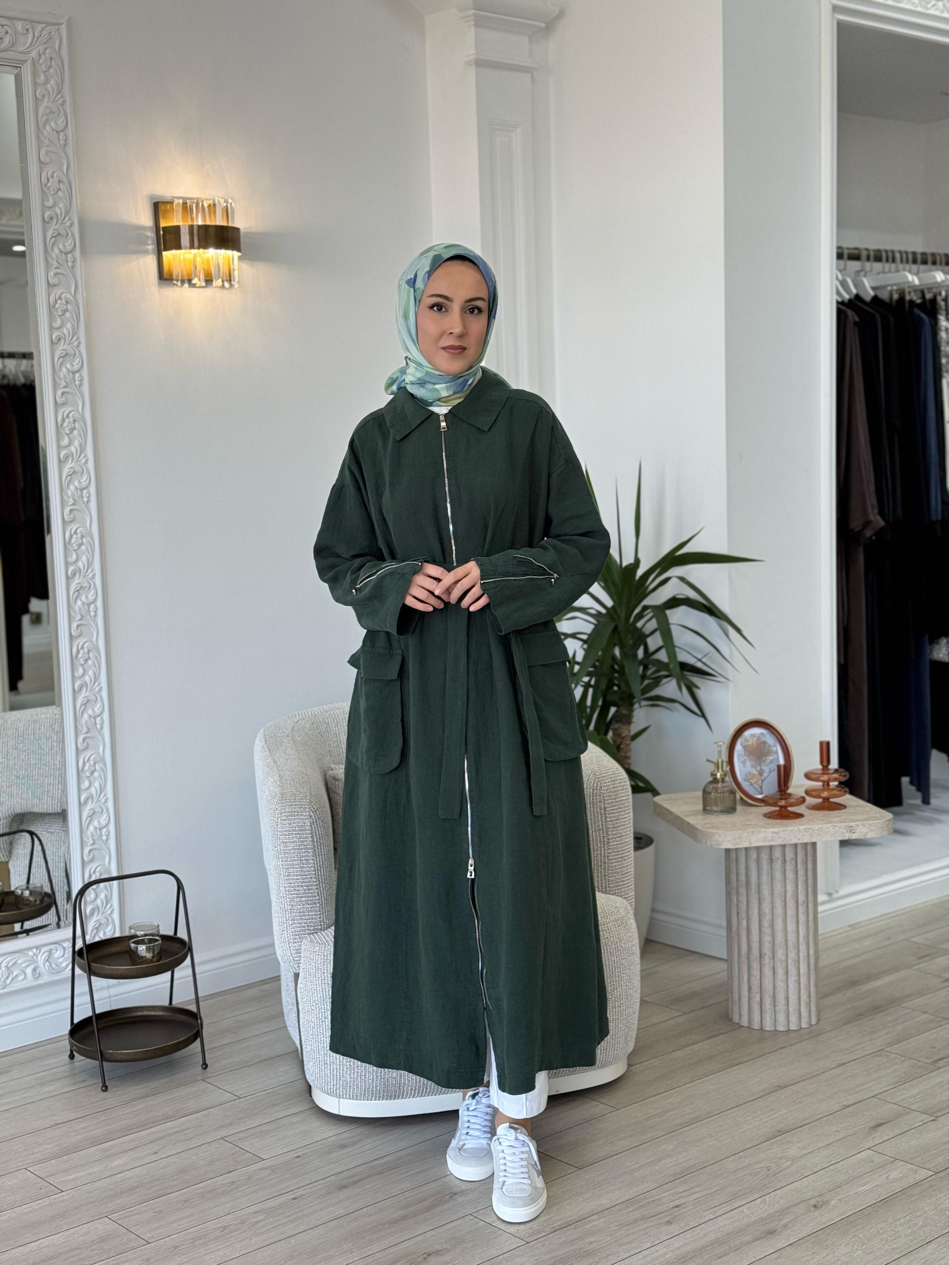 Misswhence Fermuarlı Keten Pardesü Yeşil 37509