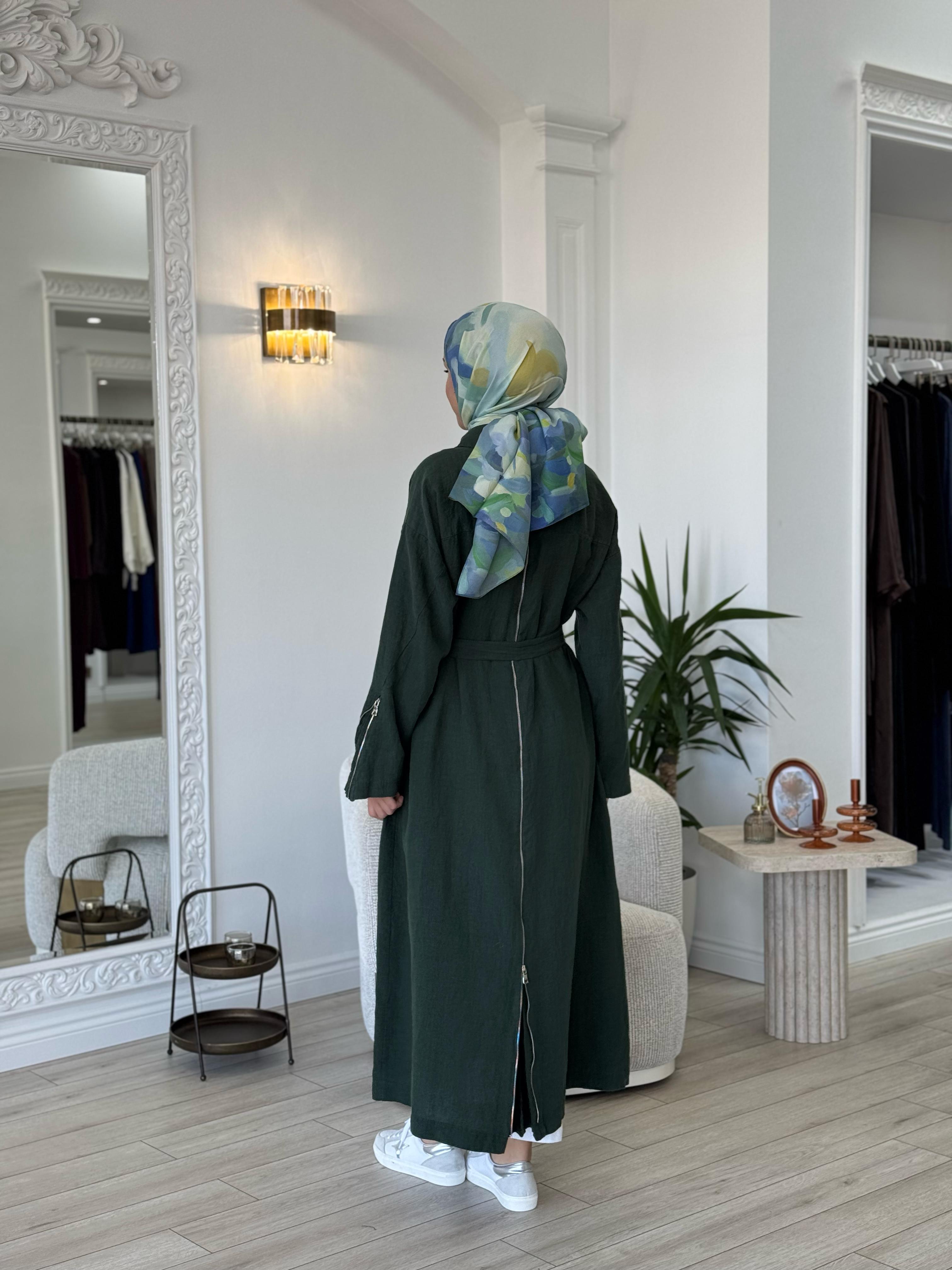 Misswhence Fermuarlı Keten Pardesü Yeşil 37509