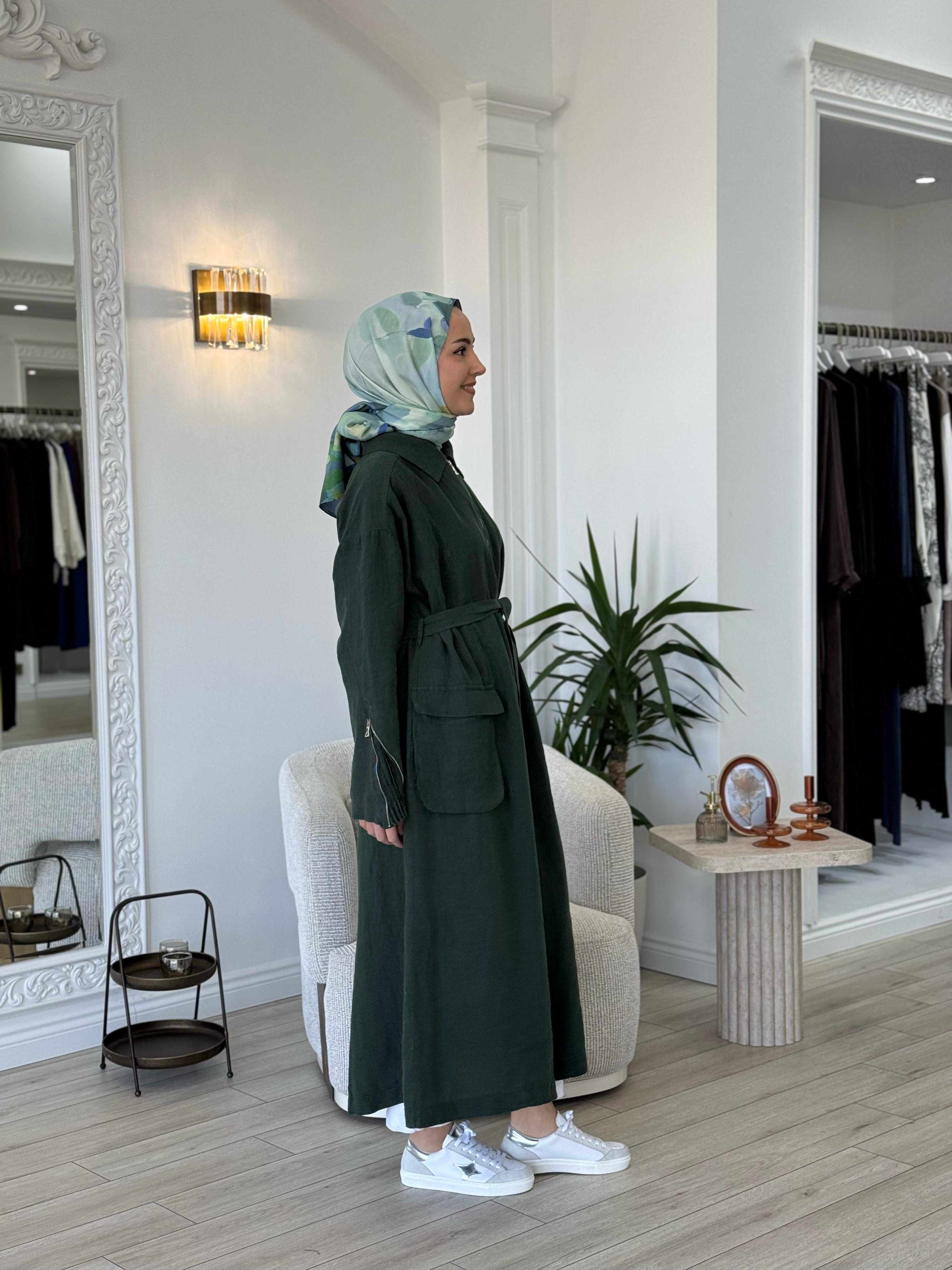 Misswhence Fermuarlı Keten Pardesü Yeşil 37509