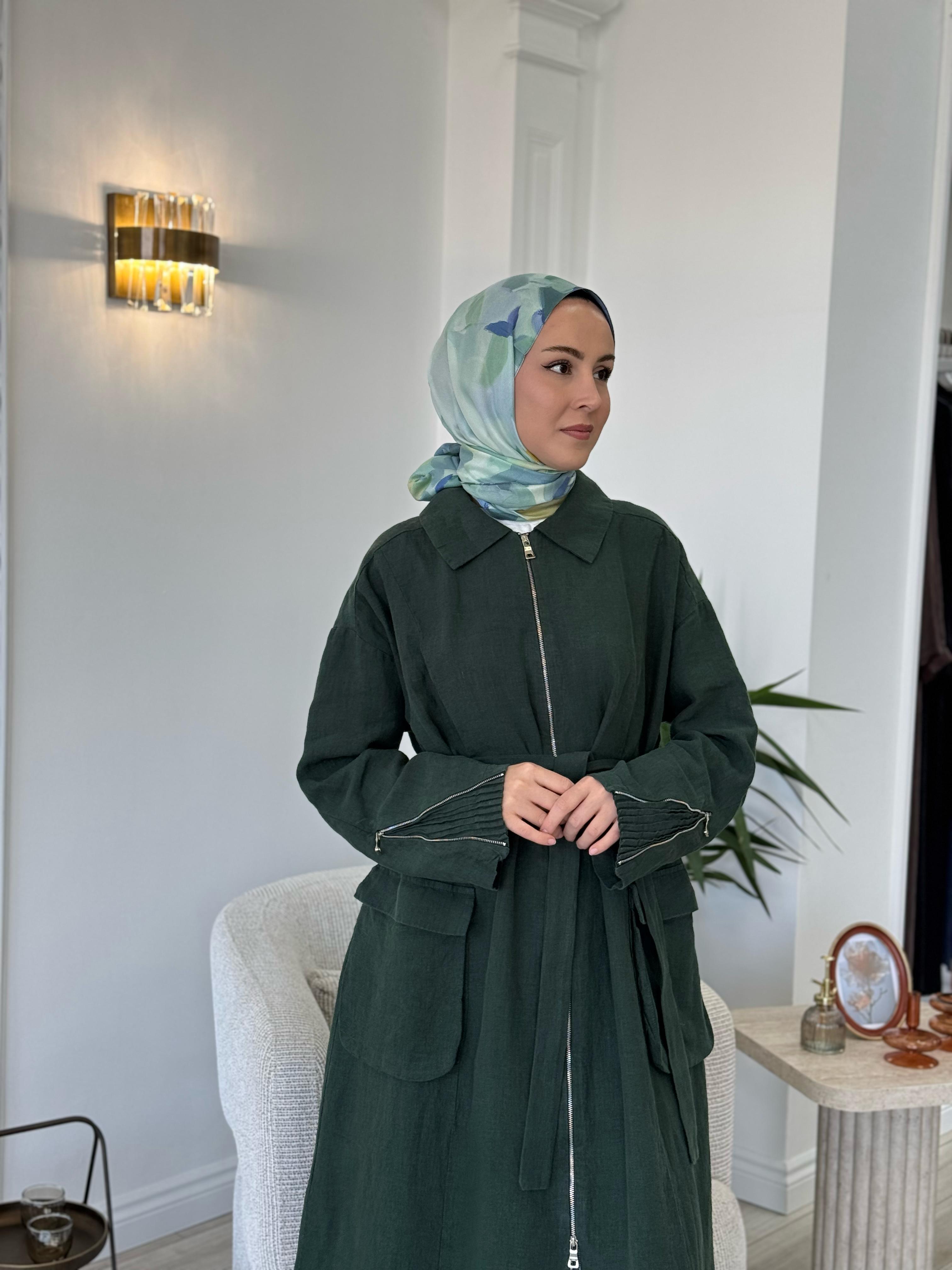 Misswhence Fermuarlı Keten Pardesü Yeşil 37509