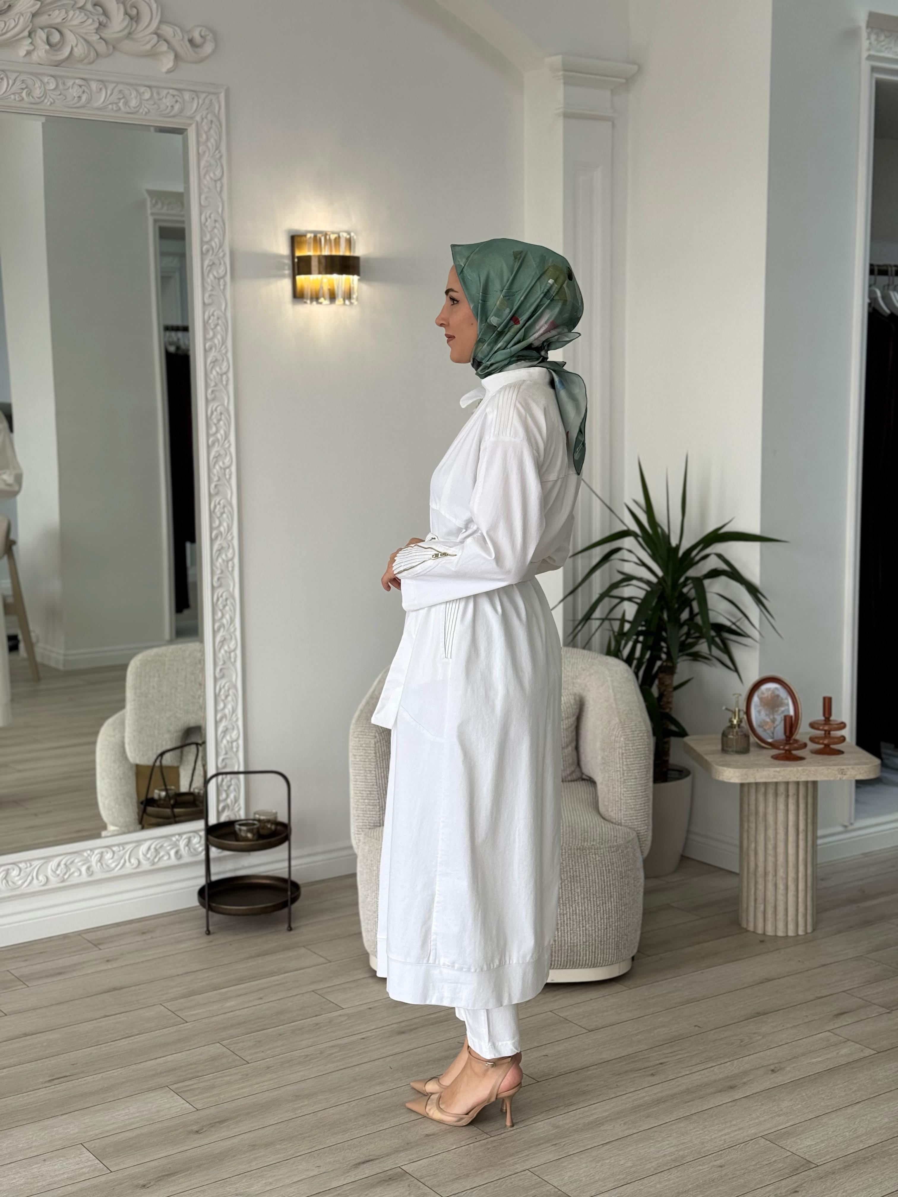 Misswhence Fermuarlı Kot Pardesü Beyaz 37507