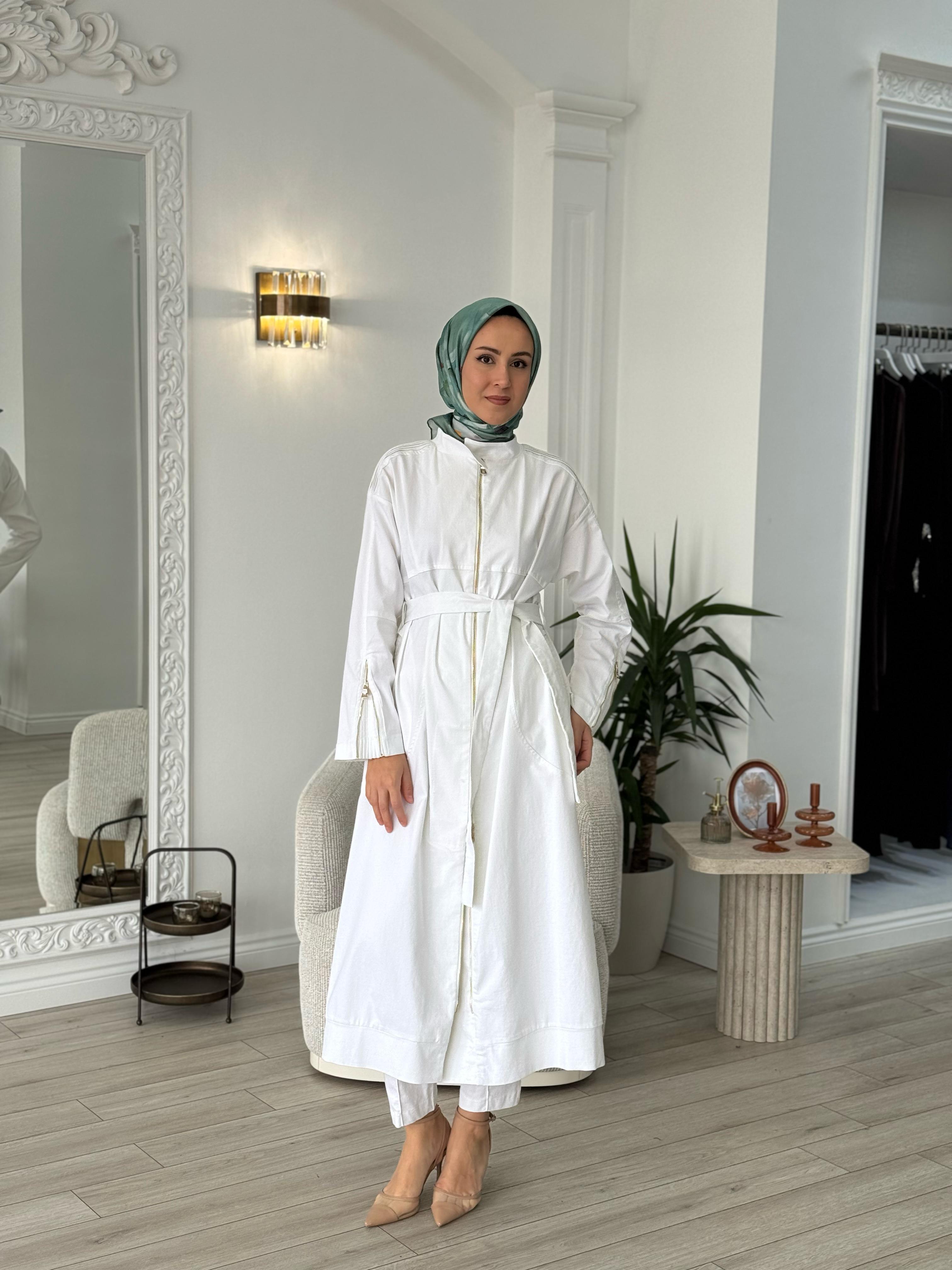 Misswhence Fermuarlı Kot Pardesü Beyaz 37507