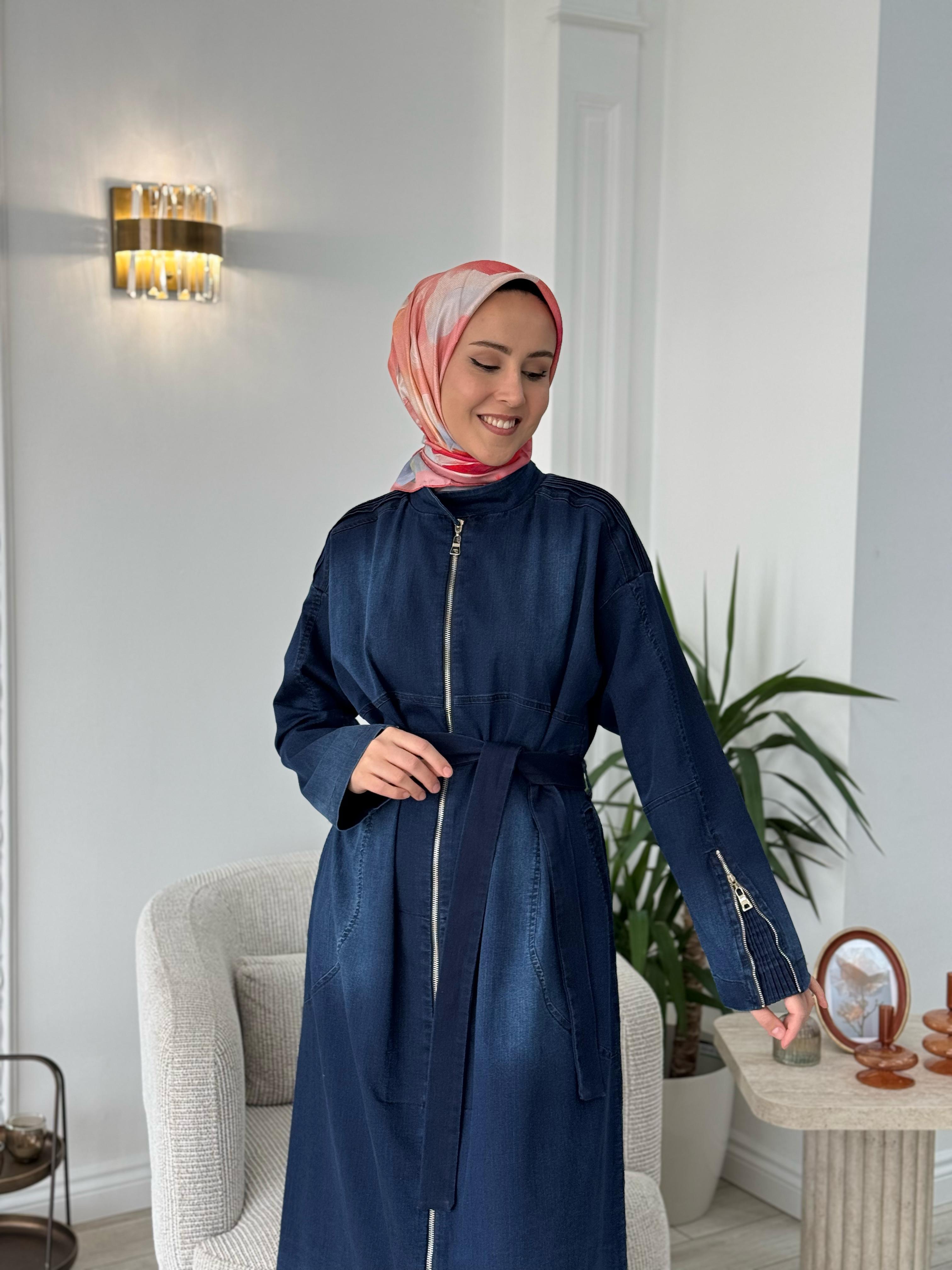 Misswhence Fermuarlı Kot Pardesü Lacivert 37507