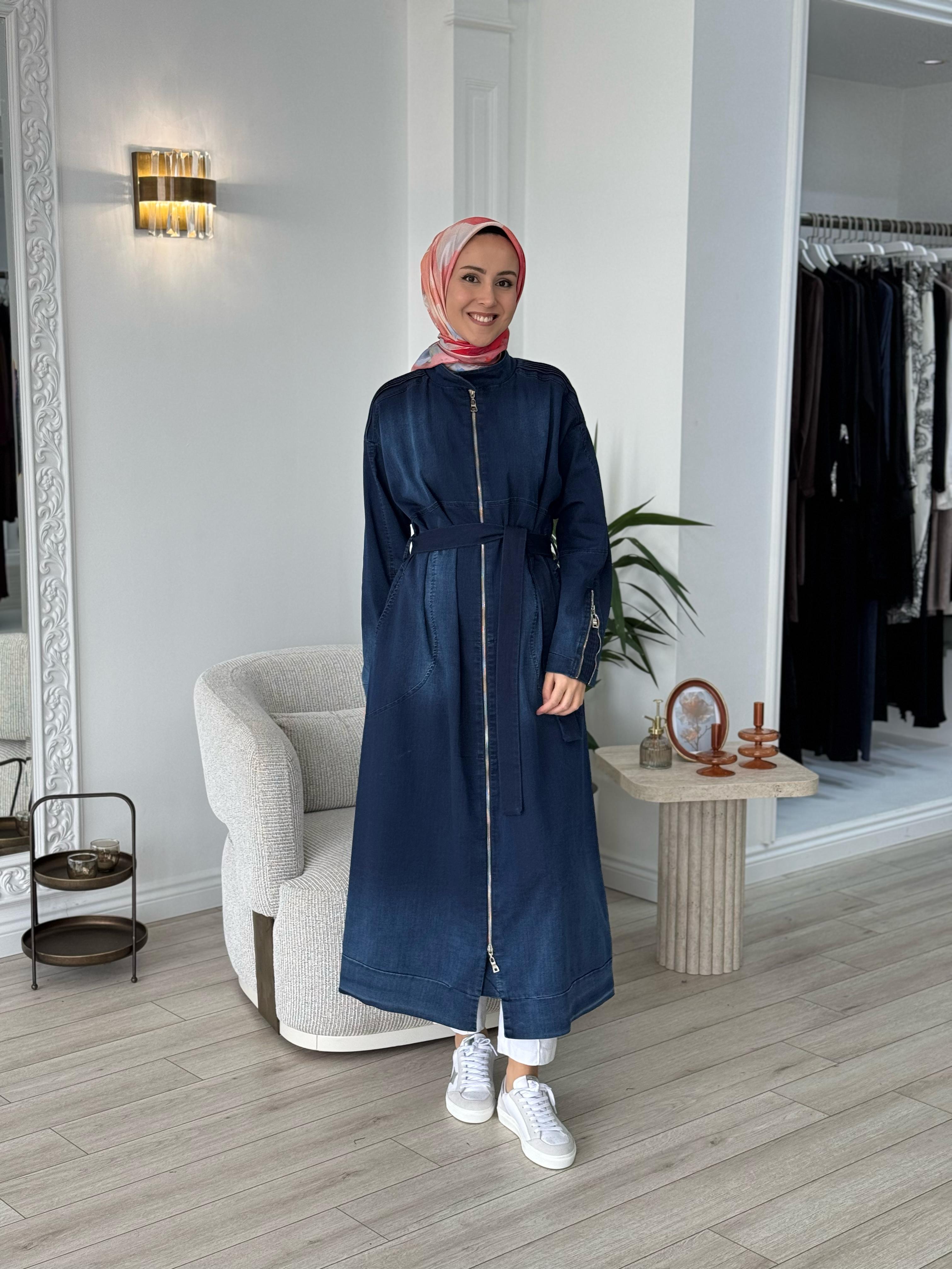 Misswhence Fermuarlı Kot Pardesü Lacivert 37507