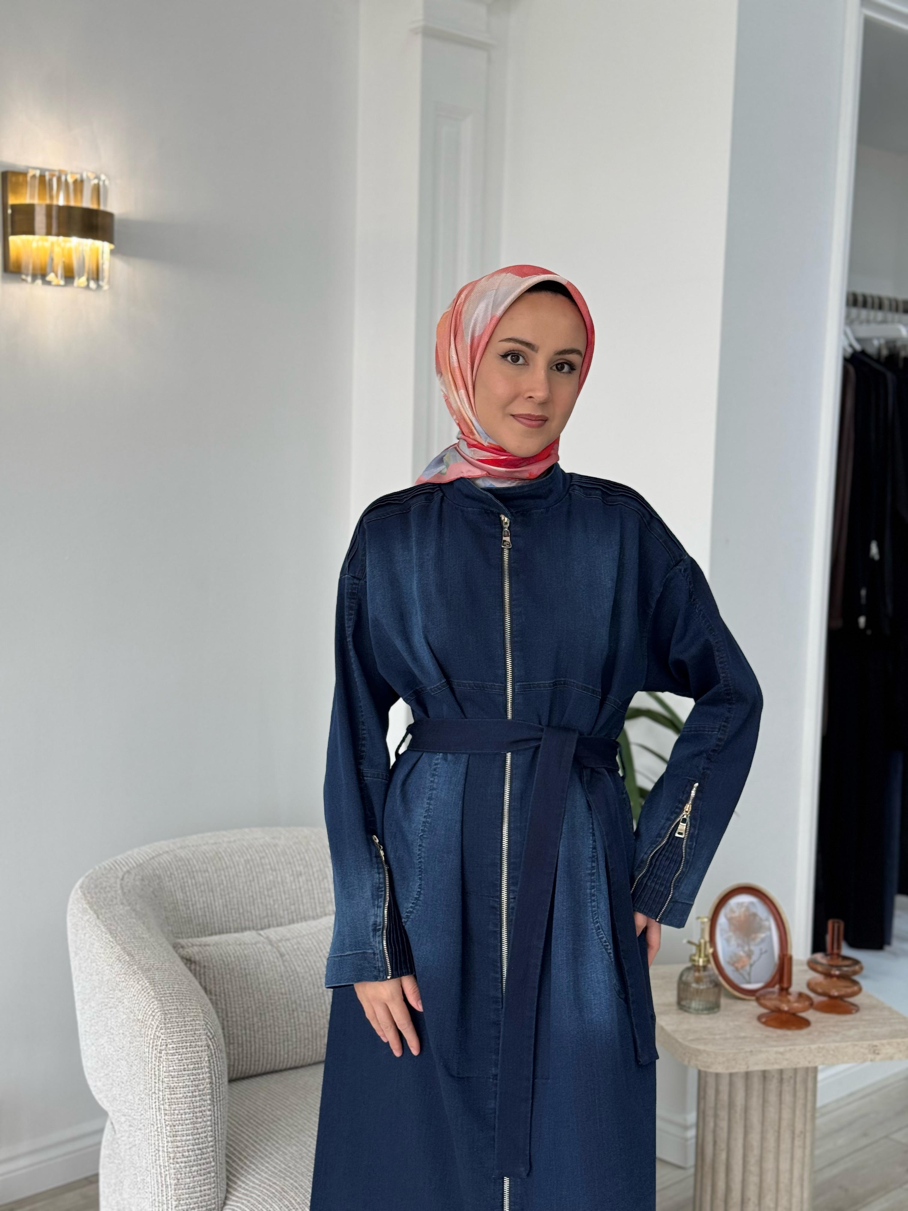 Misswhence Fermuarlı Kot Pardesü Lacivert 37507