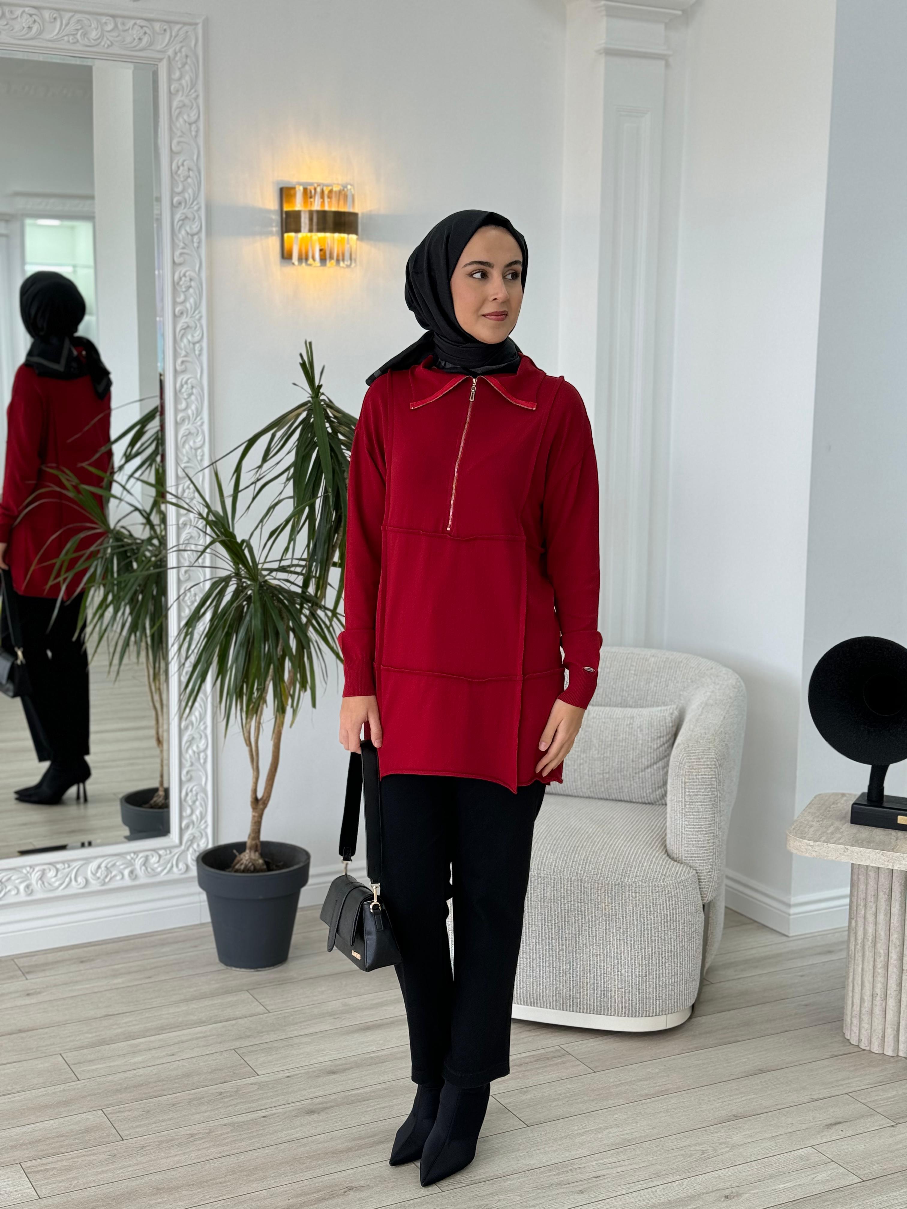 Misswhence Fermuarlı Triko Tunik Kırmızı 36016