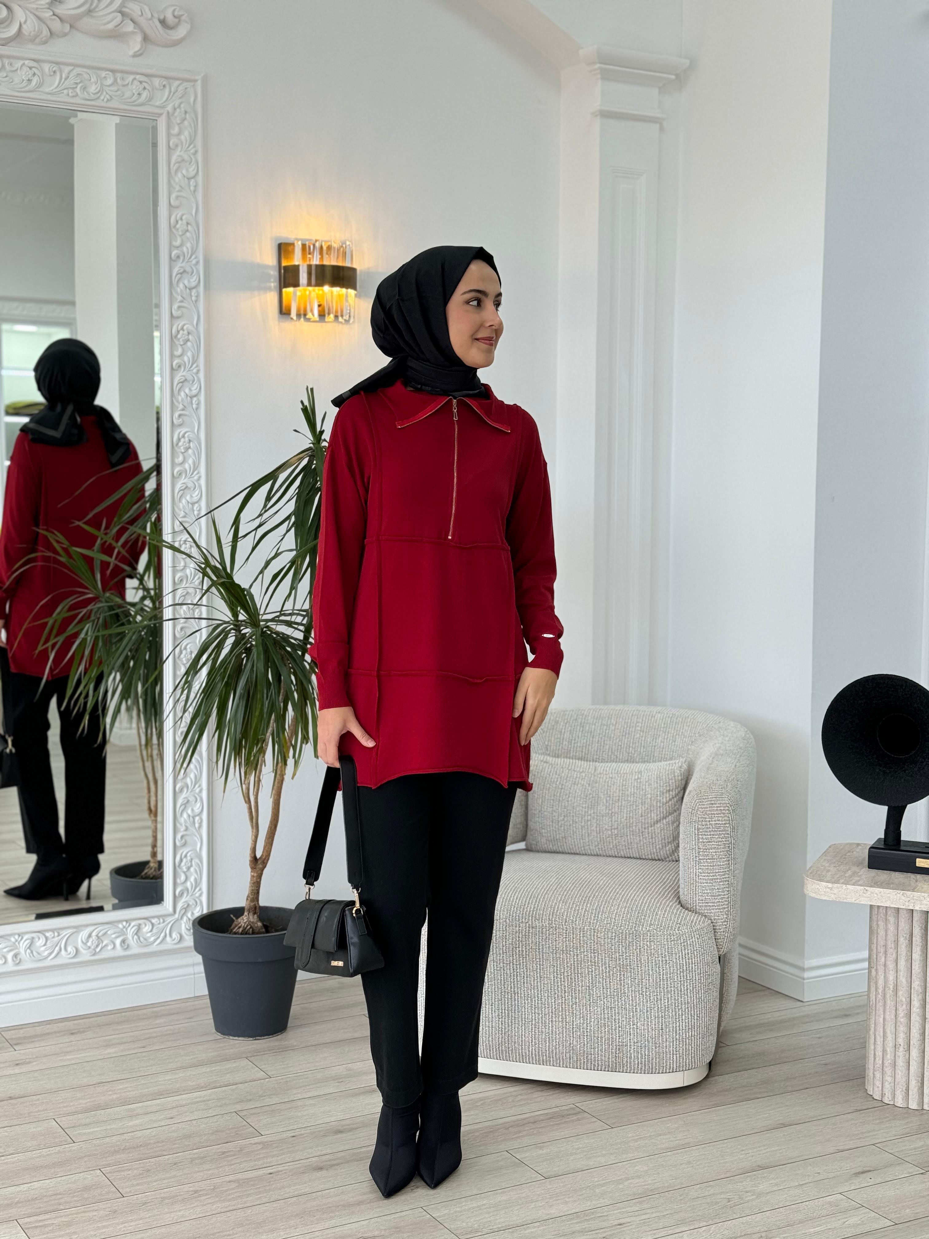 Misswhence Fermuarlı Triko Tunik Kırmızı 36016