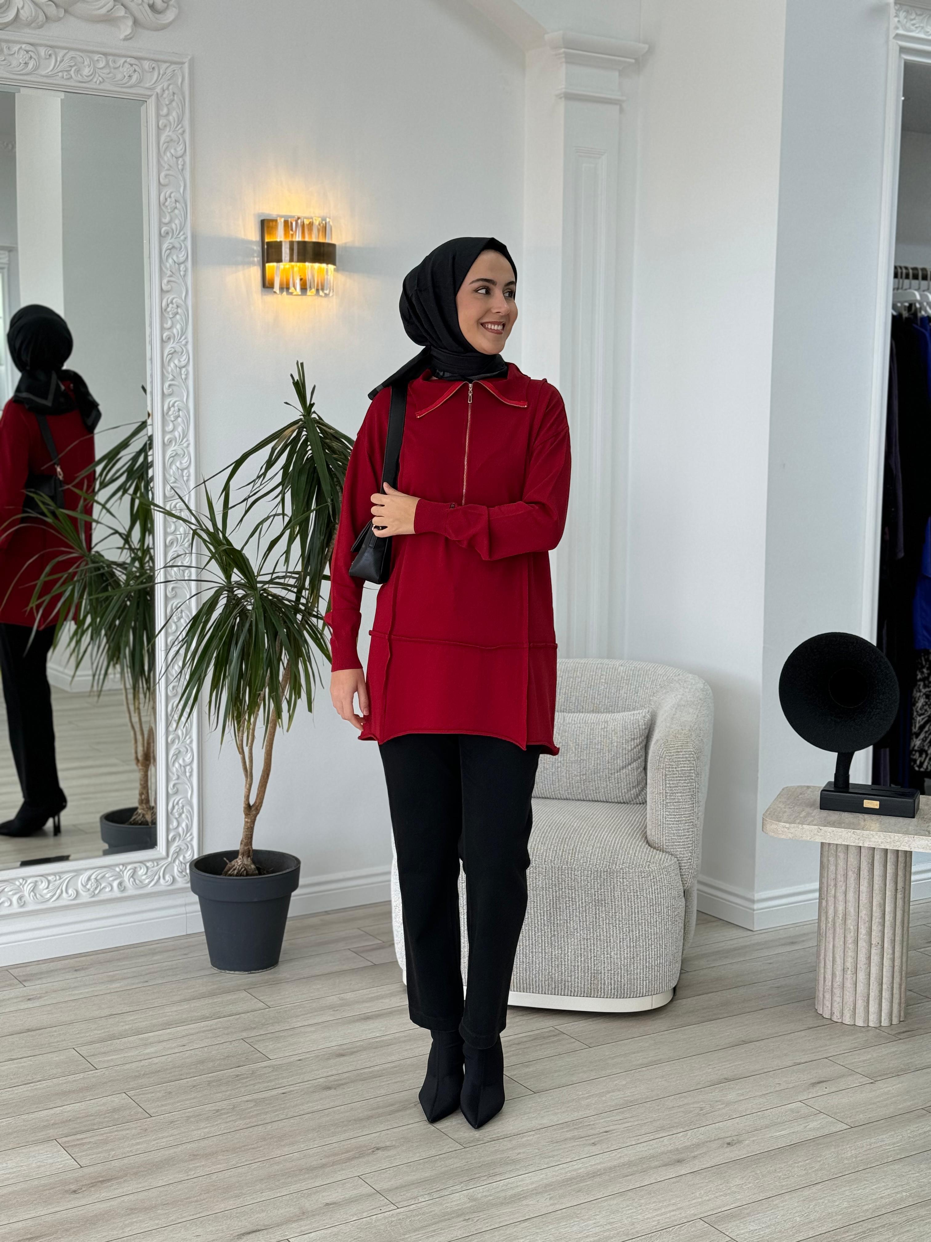 Misswhence Fermuarlı Triko Tunik Kırmızı 36016