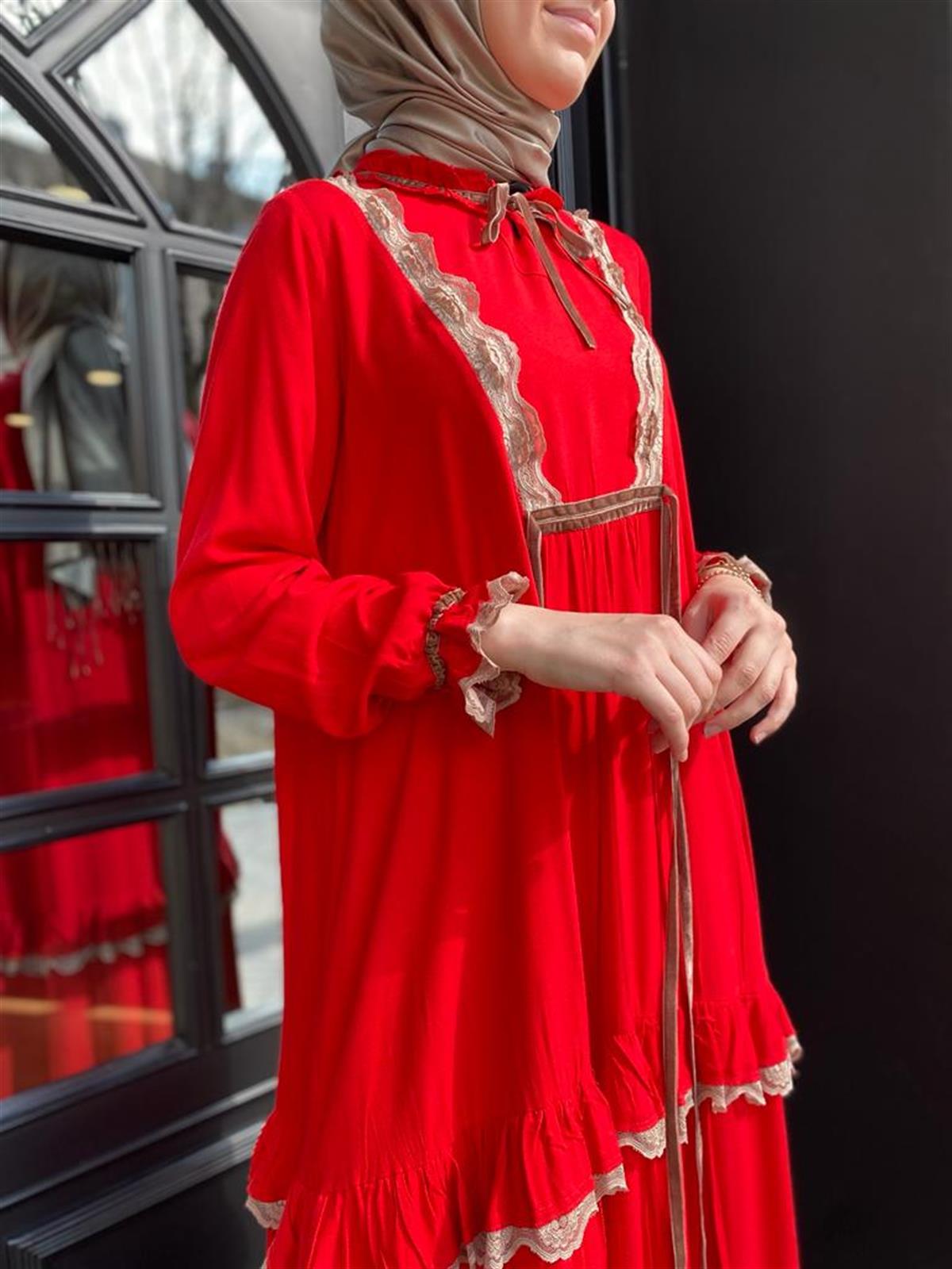 MissWhence Fırfır Detay Elbise Kırmızı 32802 - Babilbutik
