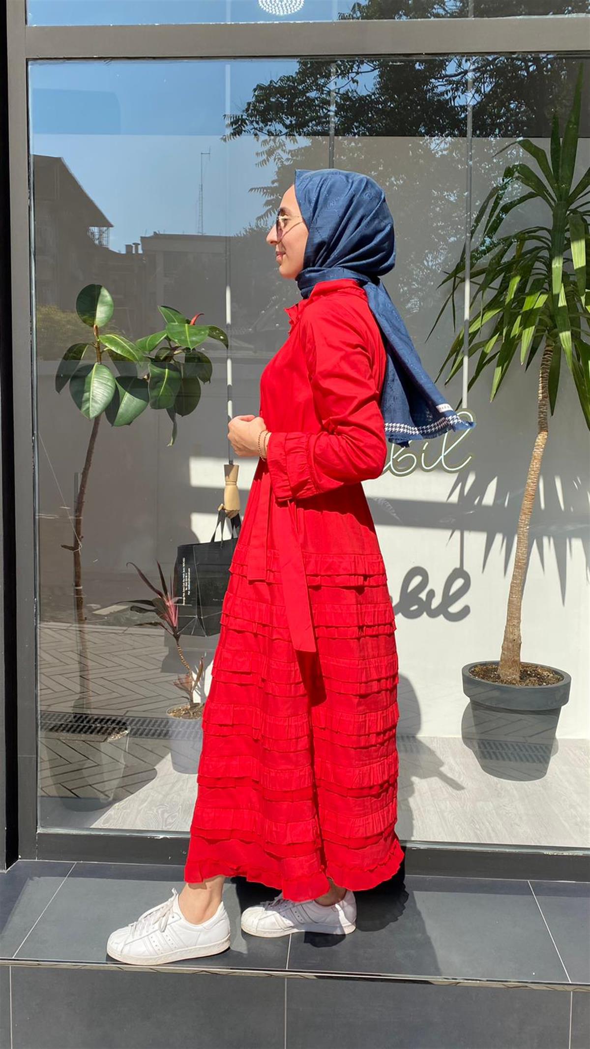 Misswhence Fırfır Poplin Elbise Kırmızı 33805