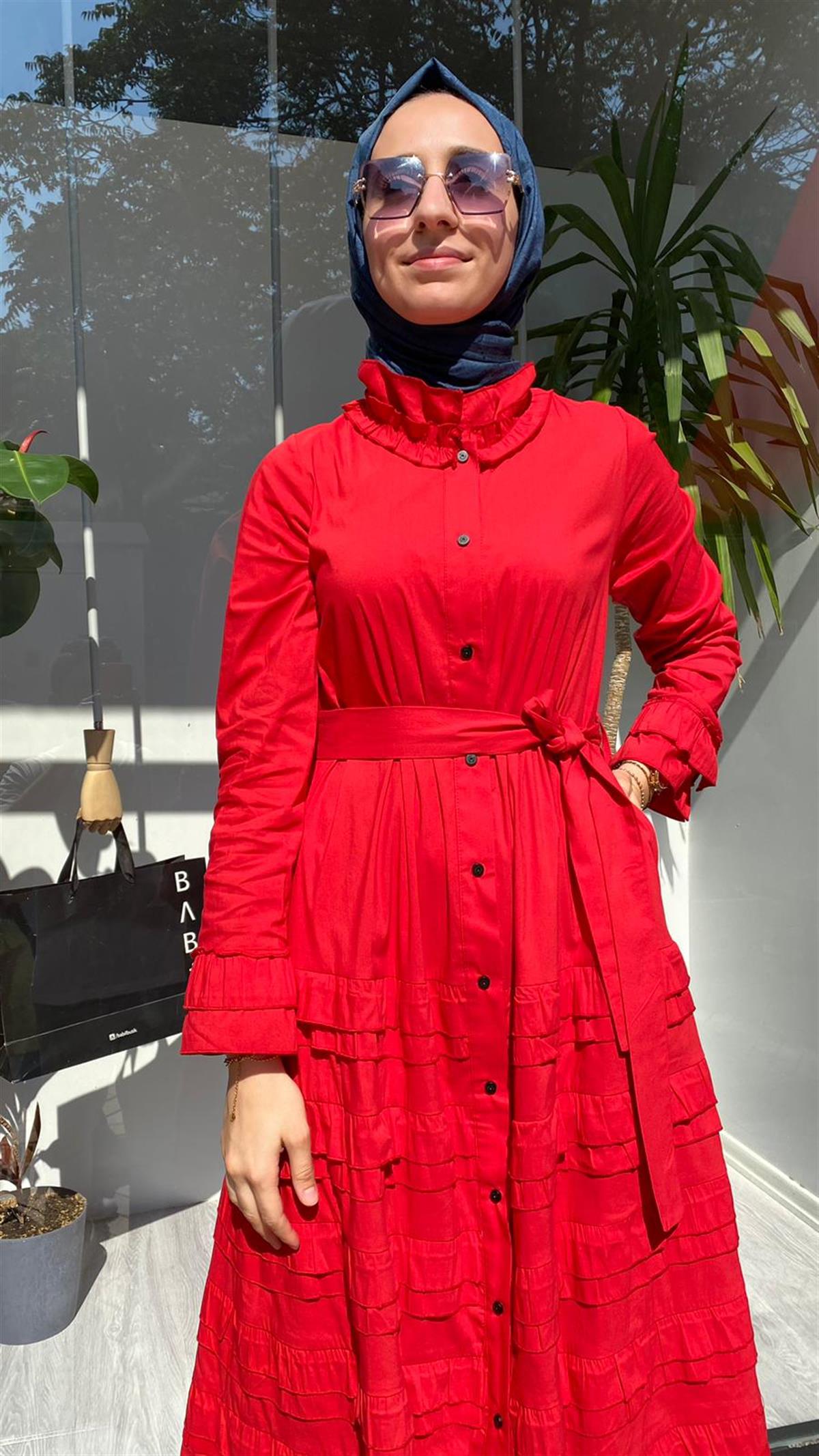 Misswhence Fırfır Poplin Elbise Kırmızı 33805