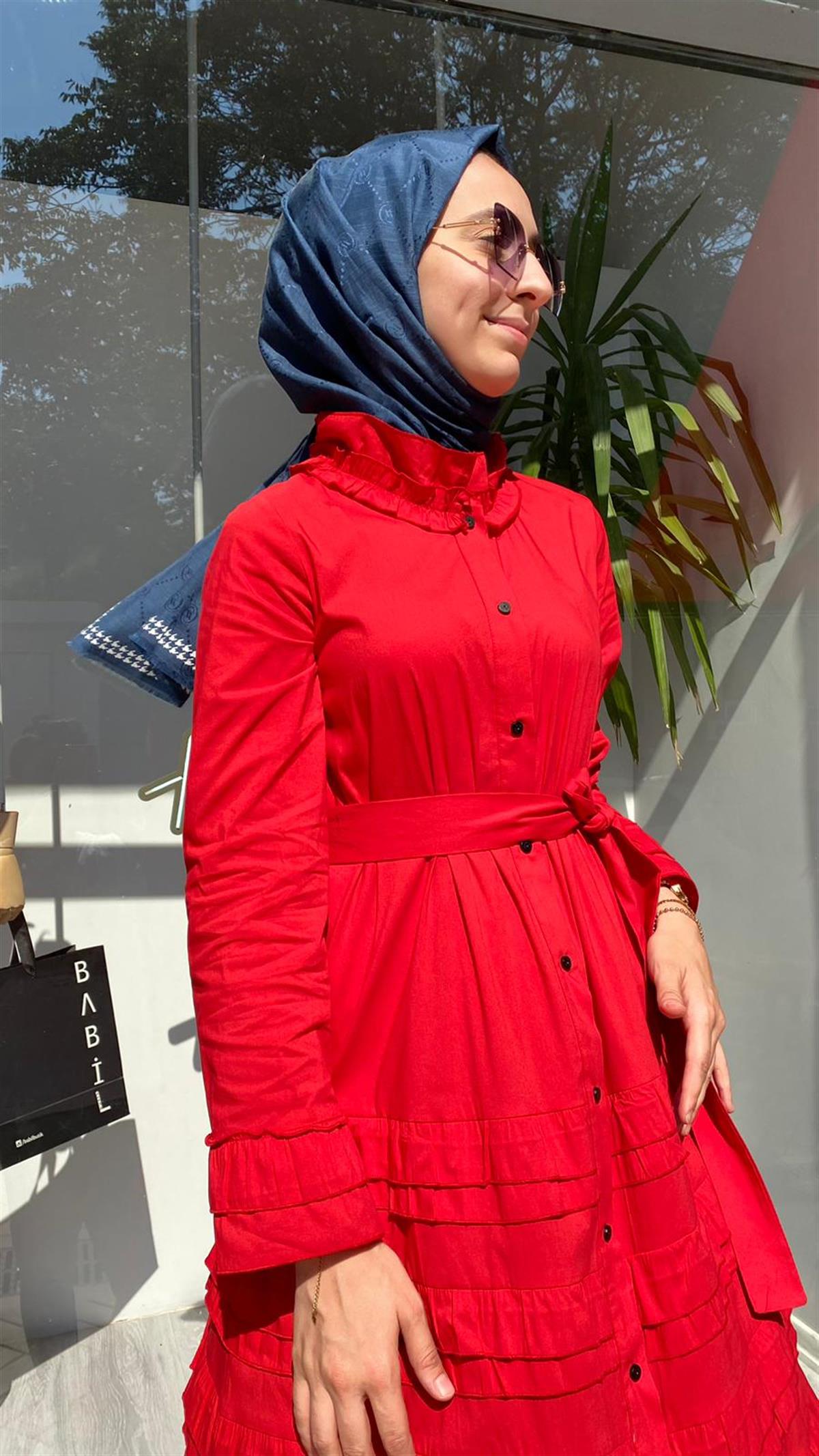 Misswhence Fırfır Poplin Elbise Kırmızı 33805