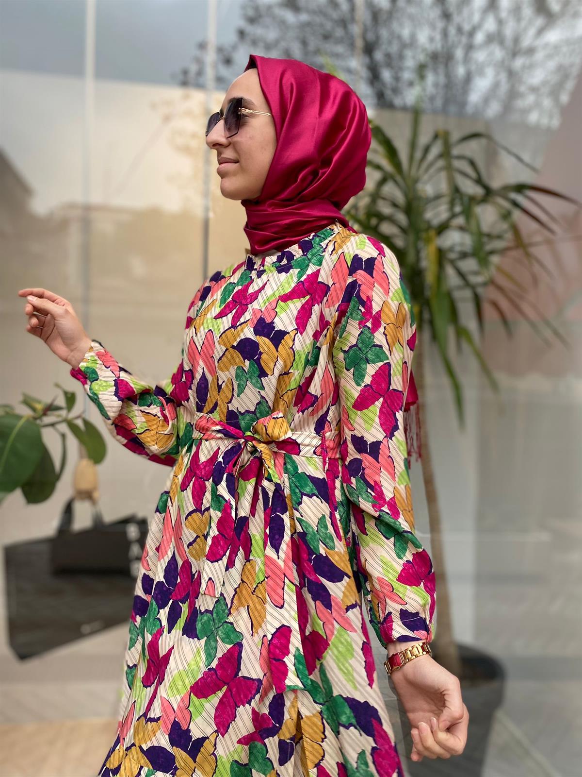 Misswhence Fuşya Kelebek Desenli Elbise 33831