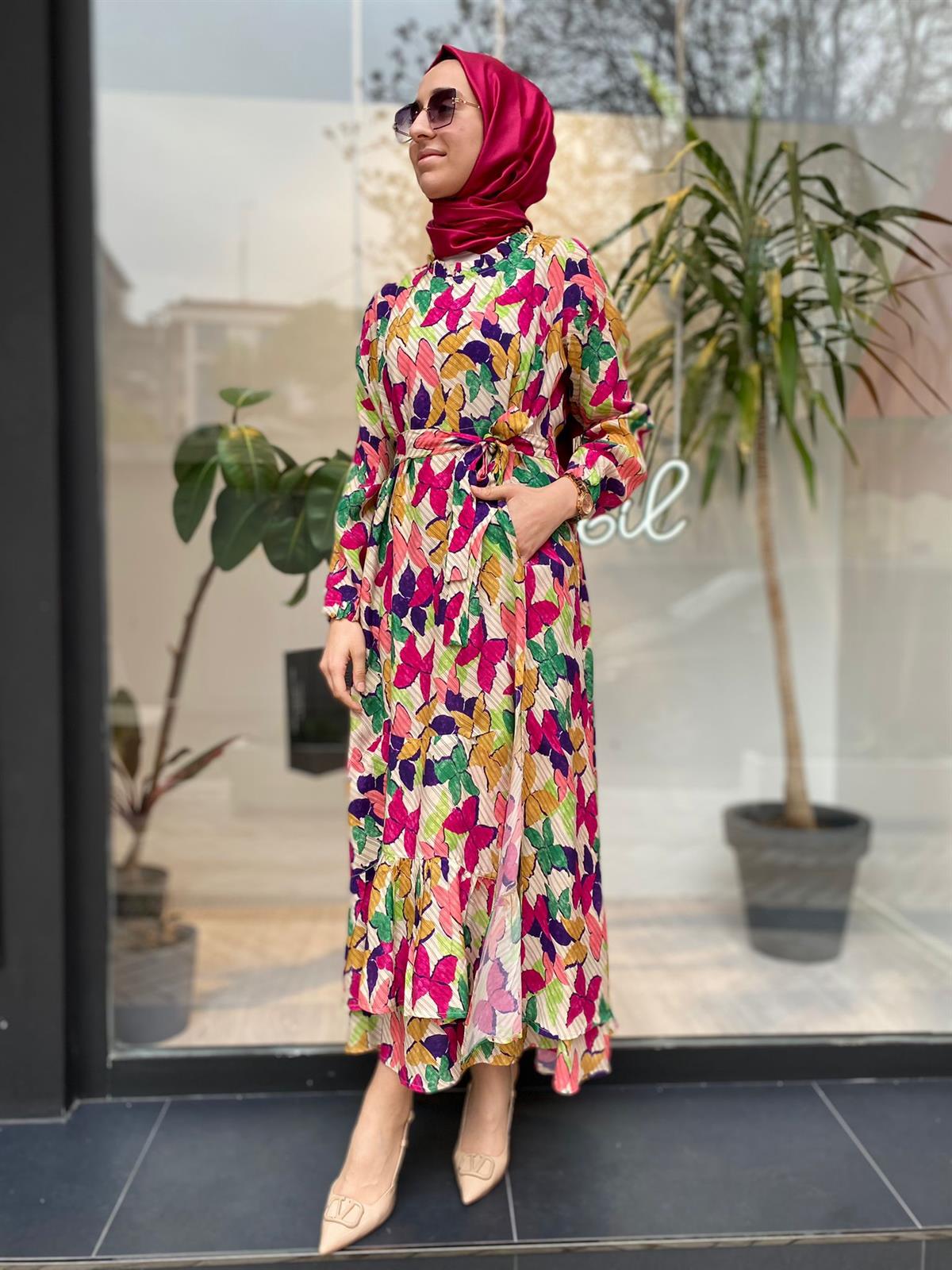 Misswhence Fuşya Kelebek Desenli Elbise 33831