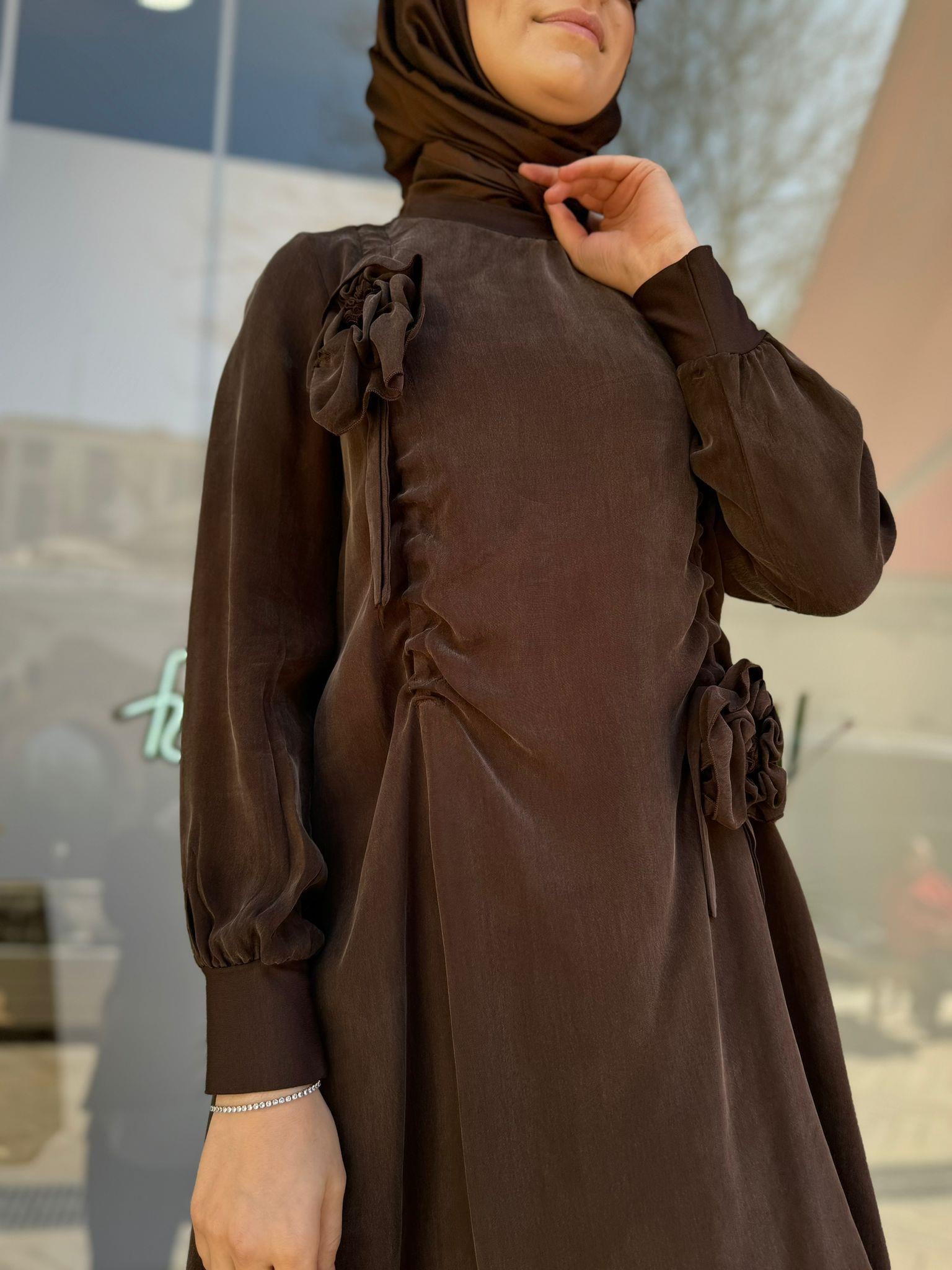Misswhence Gül Detaylı İpek Tunik Kahverengi 34026
