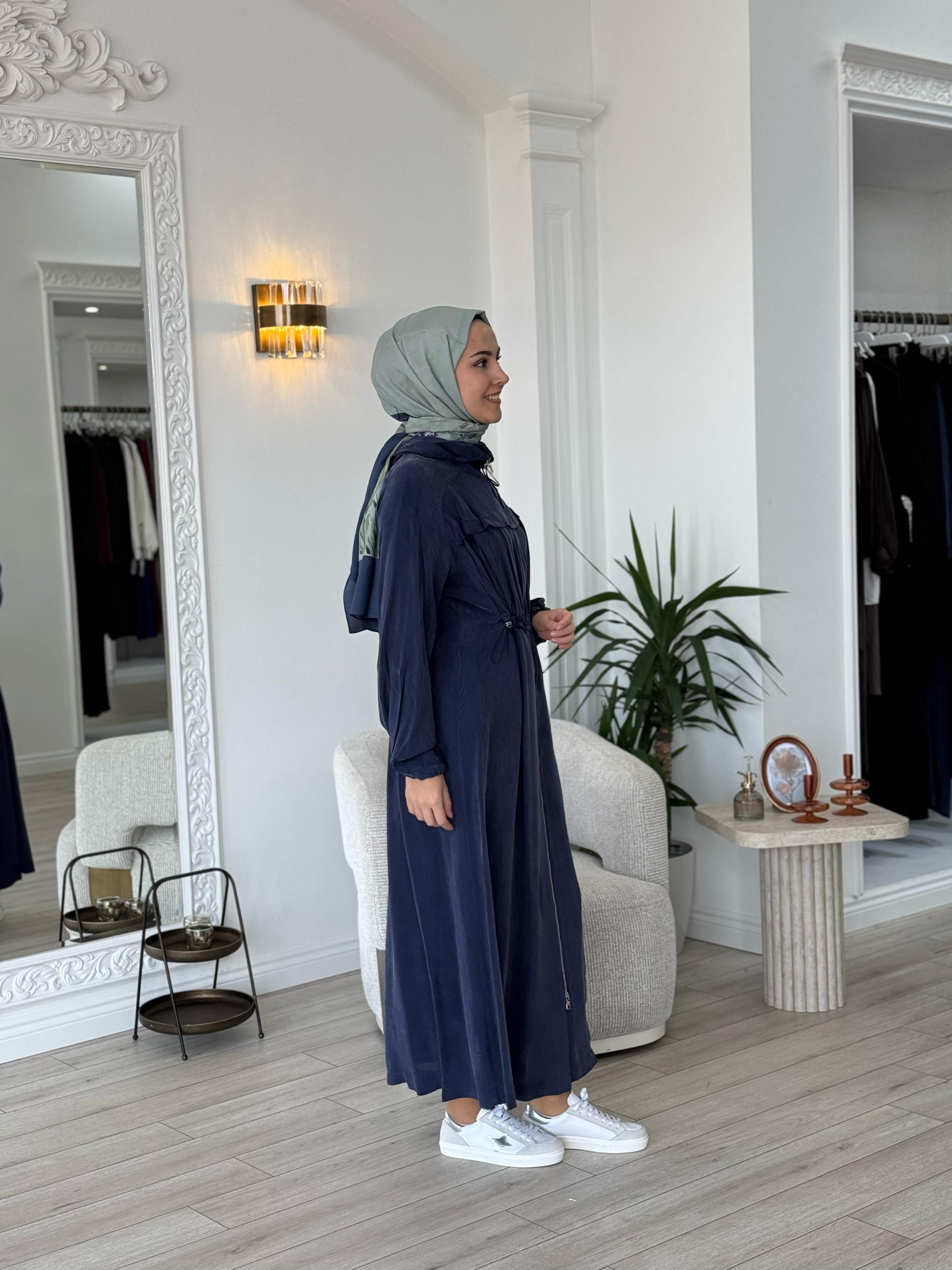 Misswhence Kapşonlu Beli Büzgülü Pardesü İndigo 37504