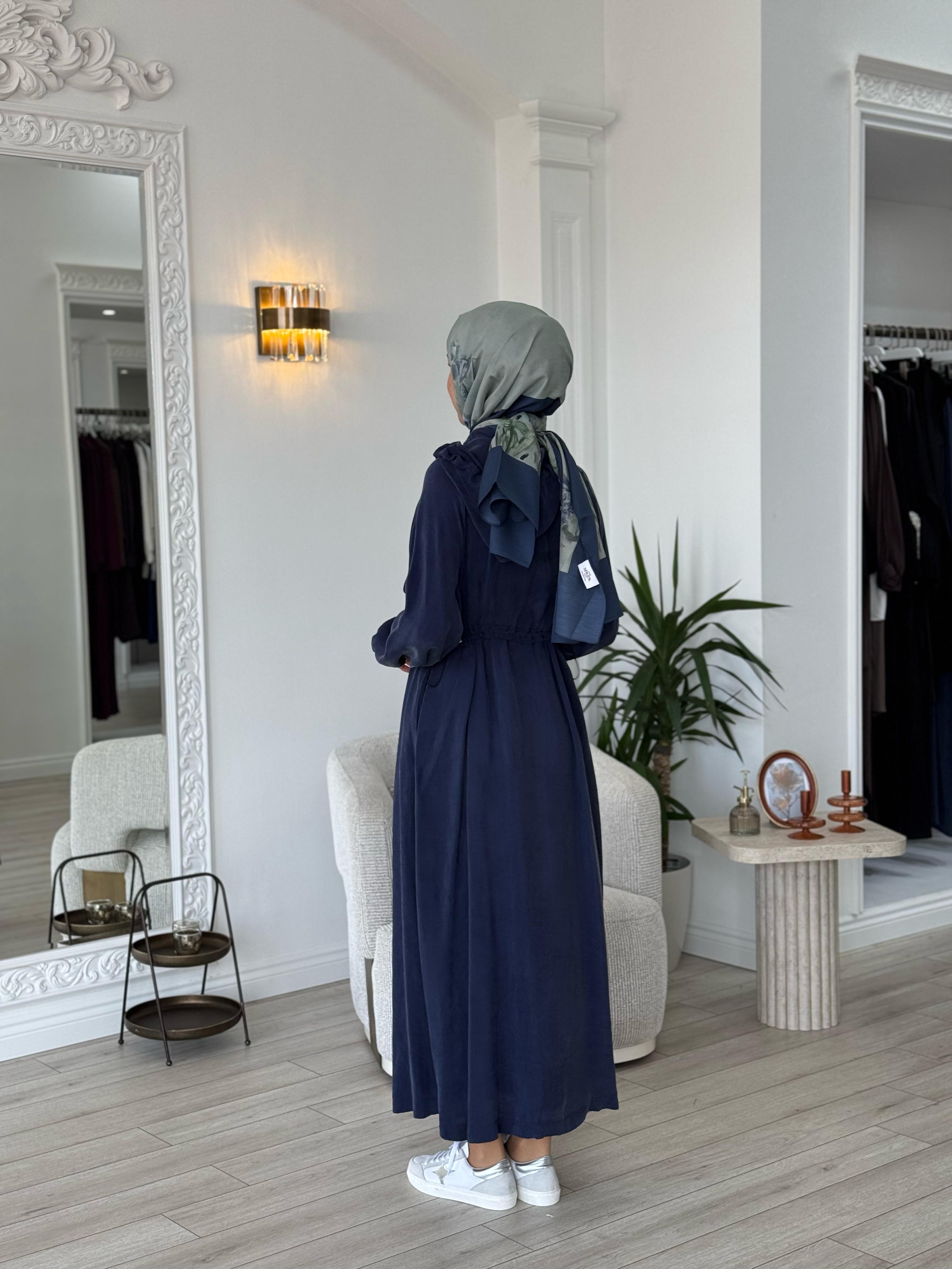 Misswhence Kapşonlu Beli Büzgülü Pardesü İndigo 37504