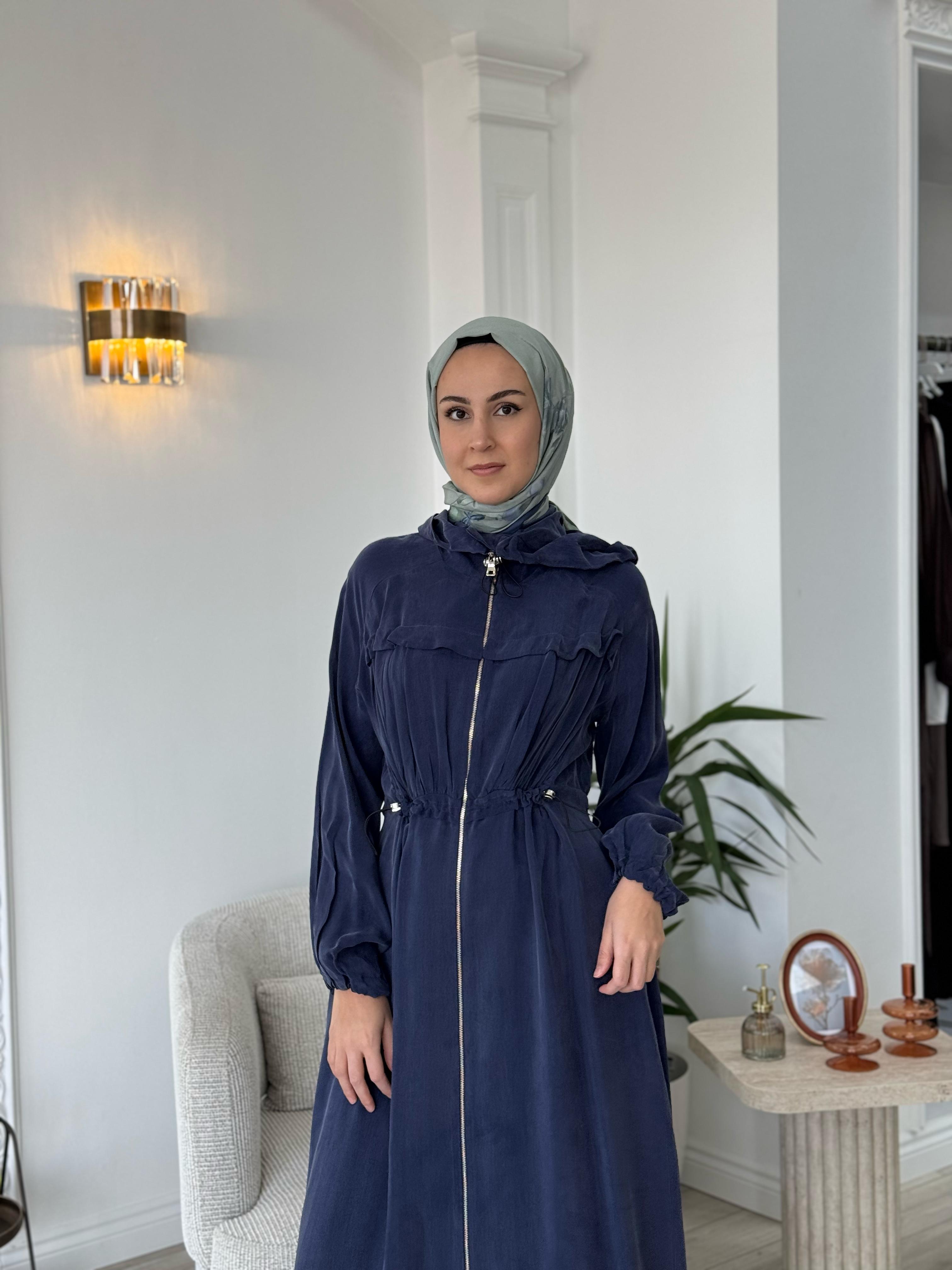 Misswhence Kapşonlu Beli Büzgülü Pardesü İndigo 37504