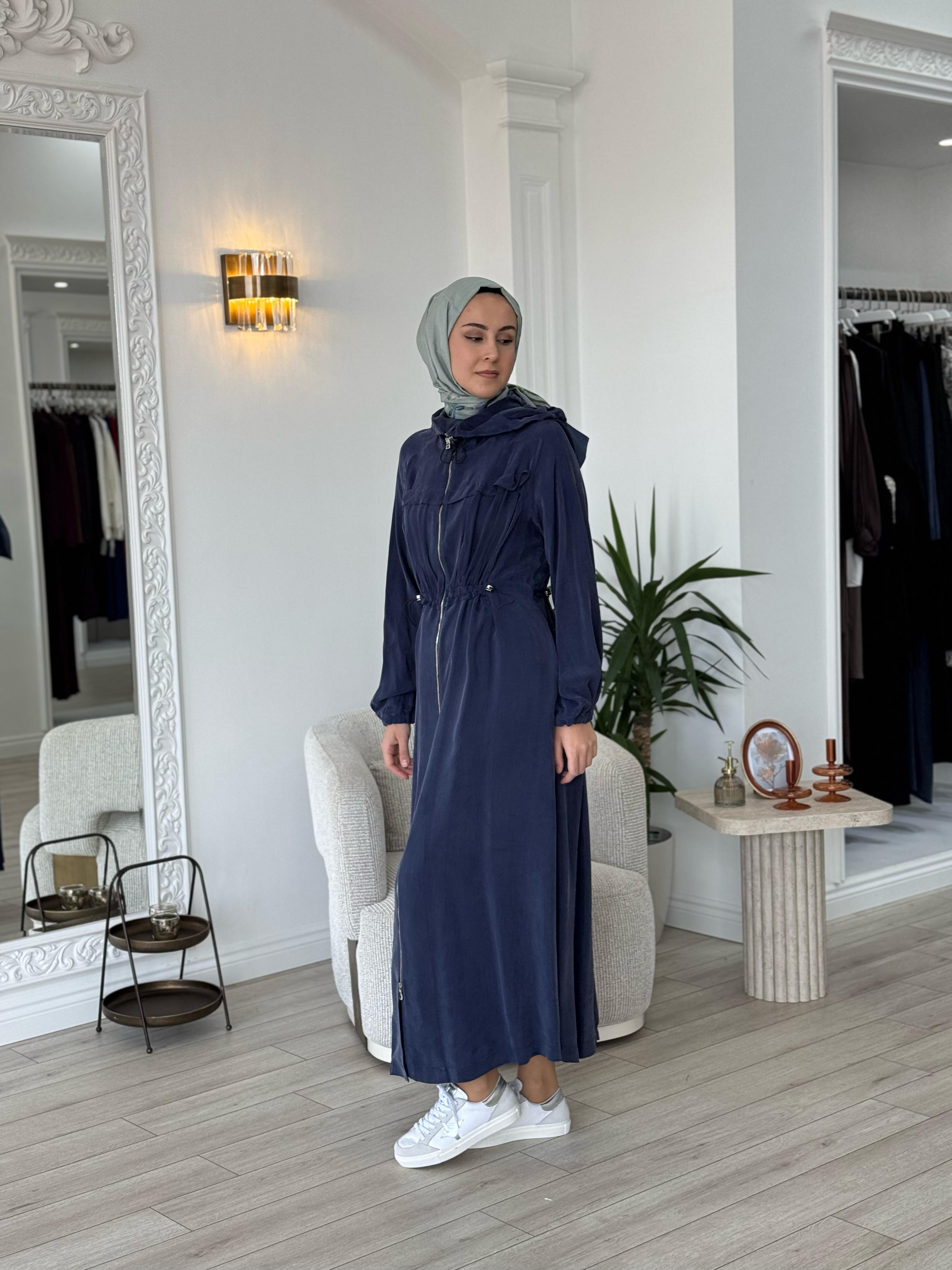 Misswhence Kapşonlu Beli Büzgülü Pardesü İndigo 37504
