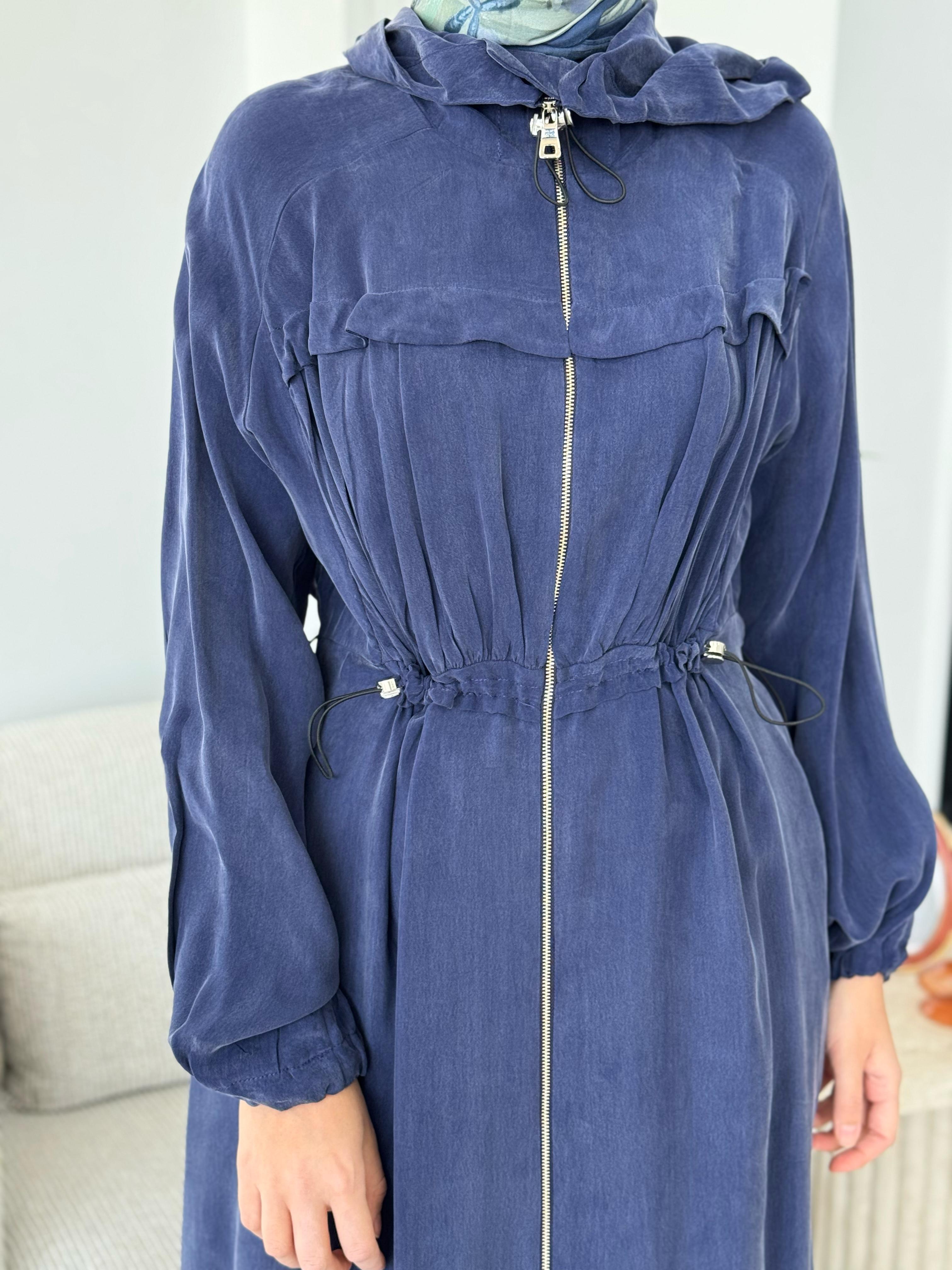 Misswhence Kapşonlu Beli Büzgülü Pardesü İndigo 37504