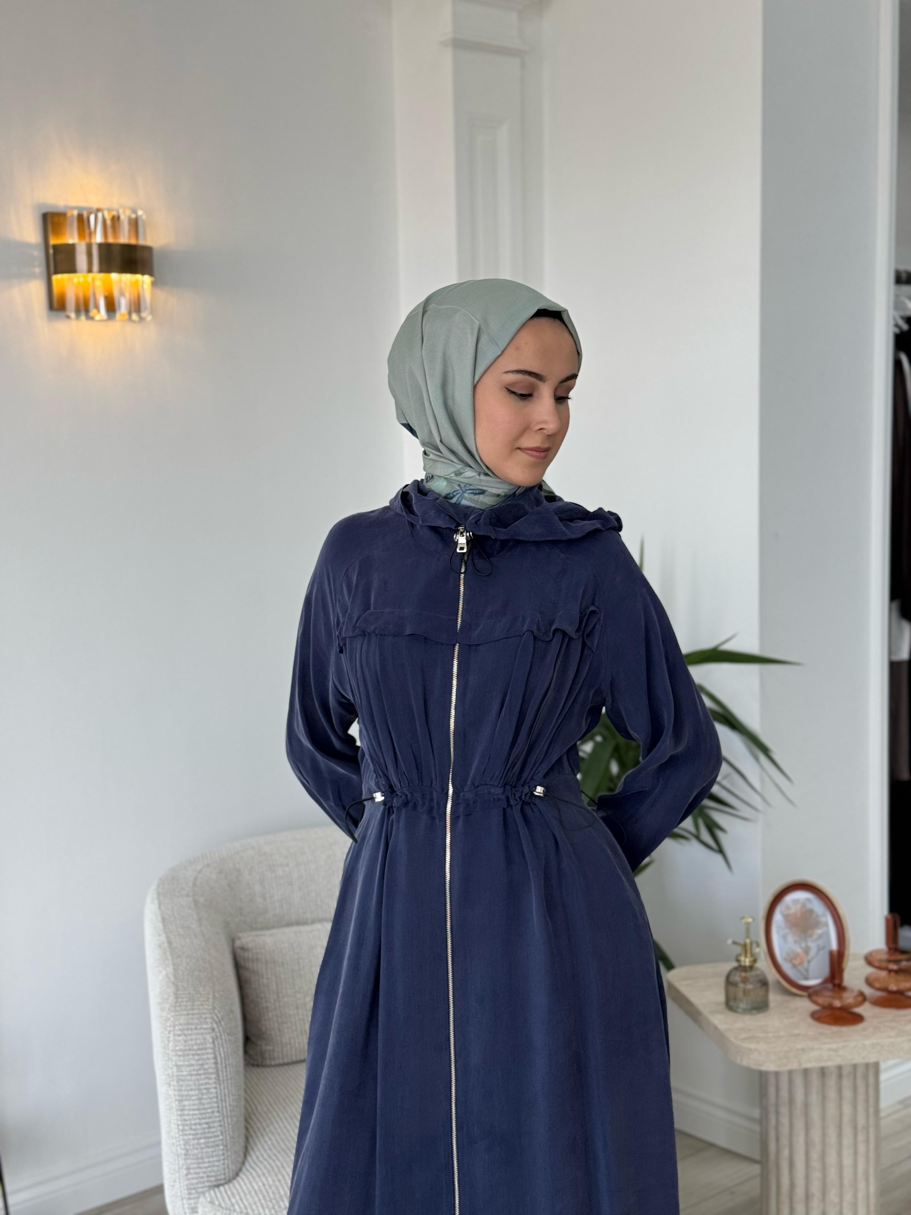 Misswhence Kapşonlu Beli Büzgülü Pardesü İndigo 37504