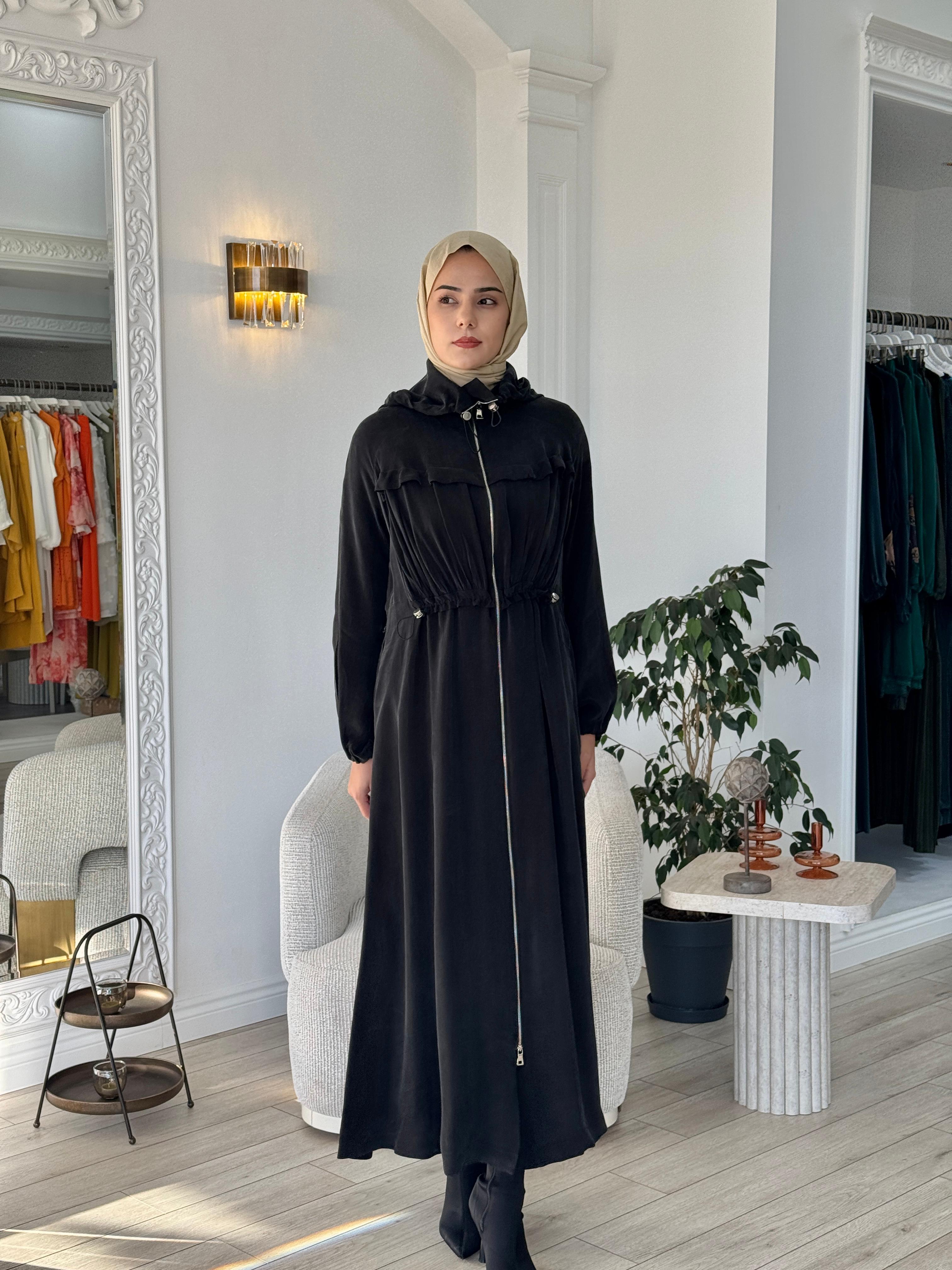 Misswhence Kapşonlu Beli Büzgülü Pardesü Siyah 37504