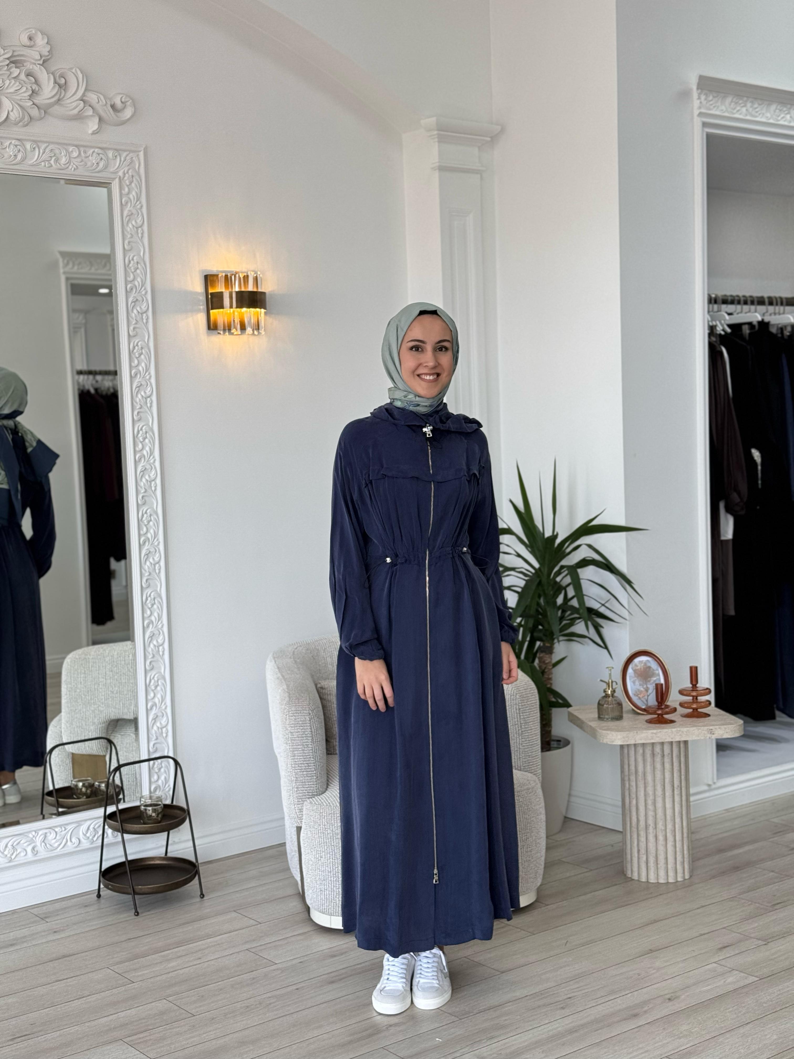 Misswhence Kapşonlu Beli Büzgülü Pardesü İndigo 37504