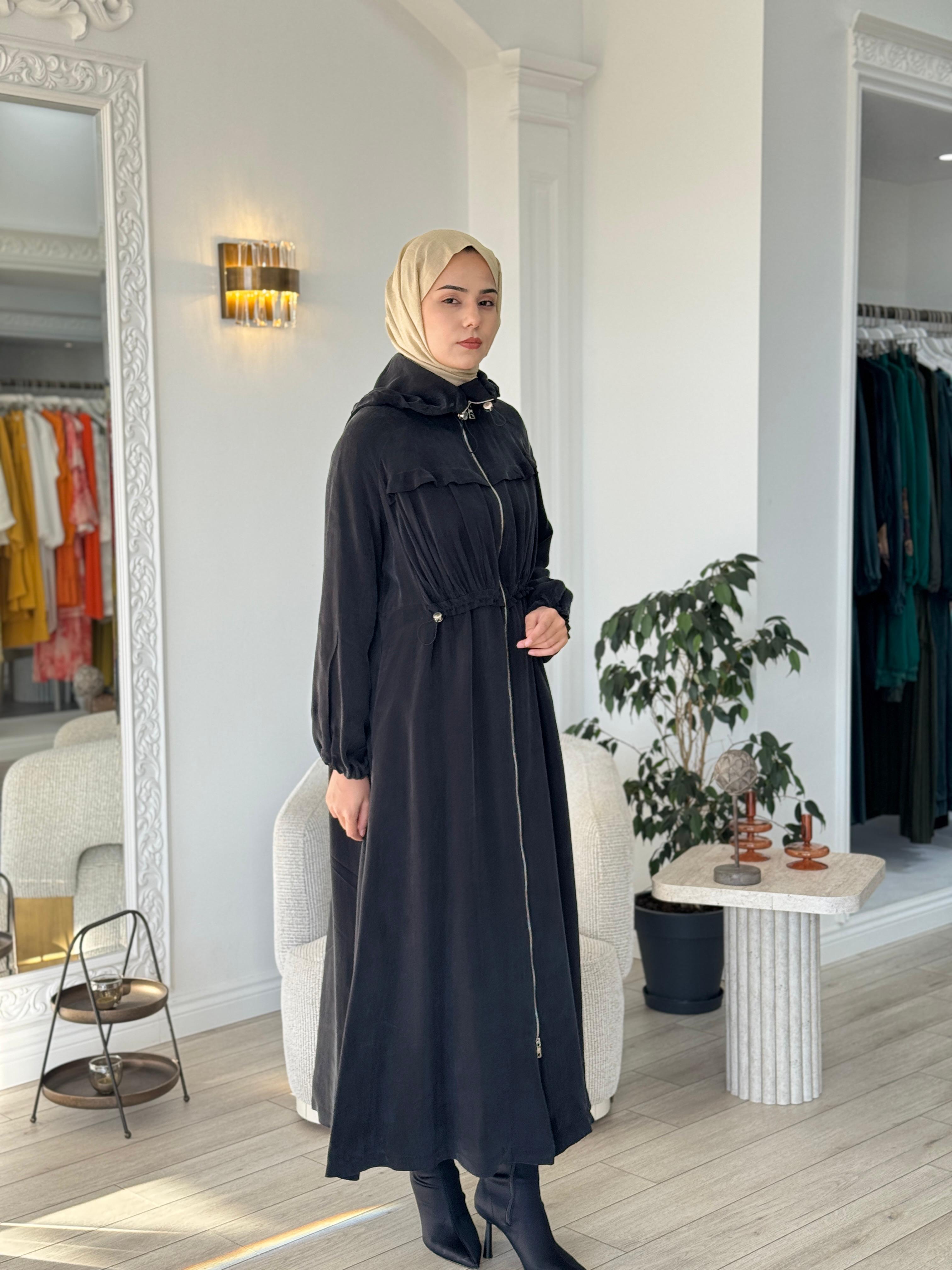 Misswhence Kapşonlu Beli Büzgülü Pardesü Siyah 37504