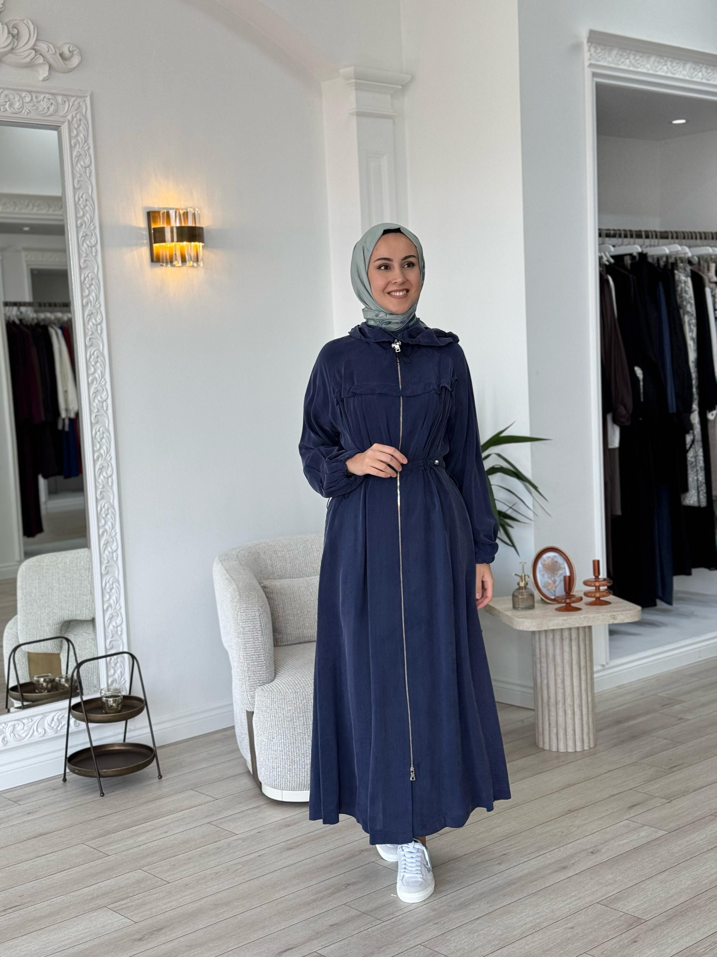 Misswhence Kapşonlu Beli Büzgülü Pardesü İndigo 37504