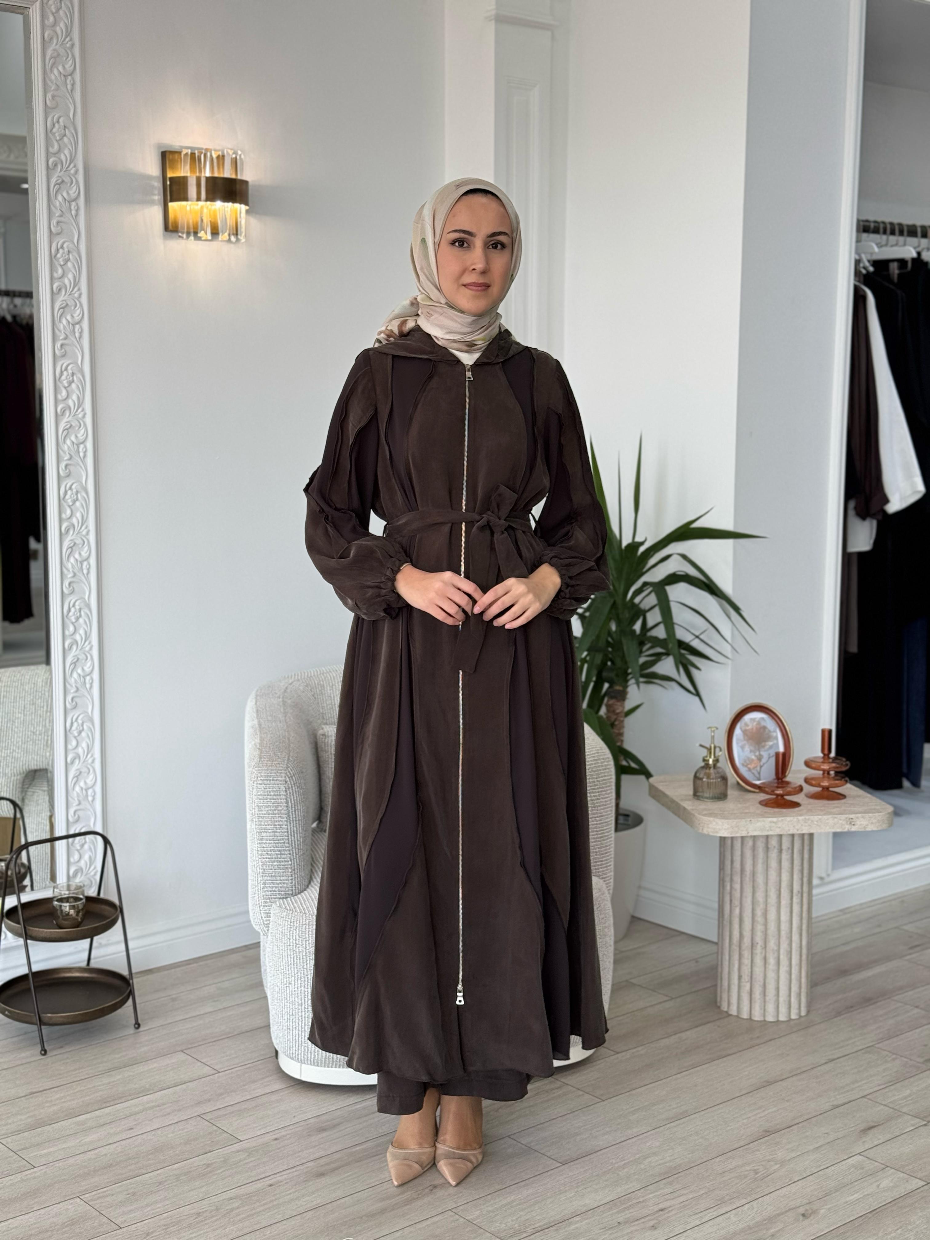 Misswhence Kapüşonlu İpek Pardesü Kahverengi 37506