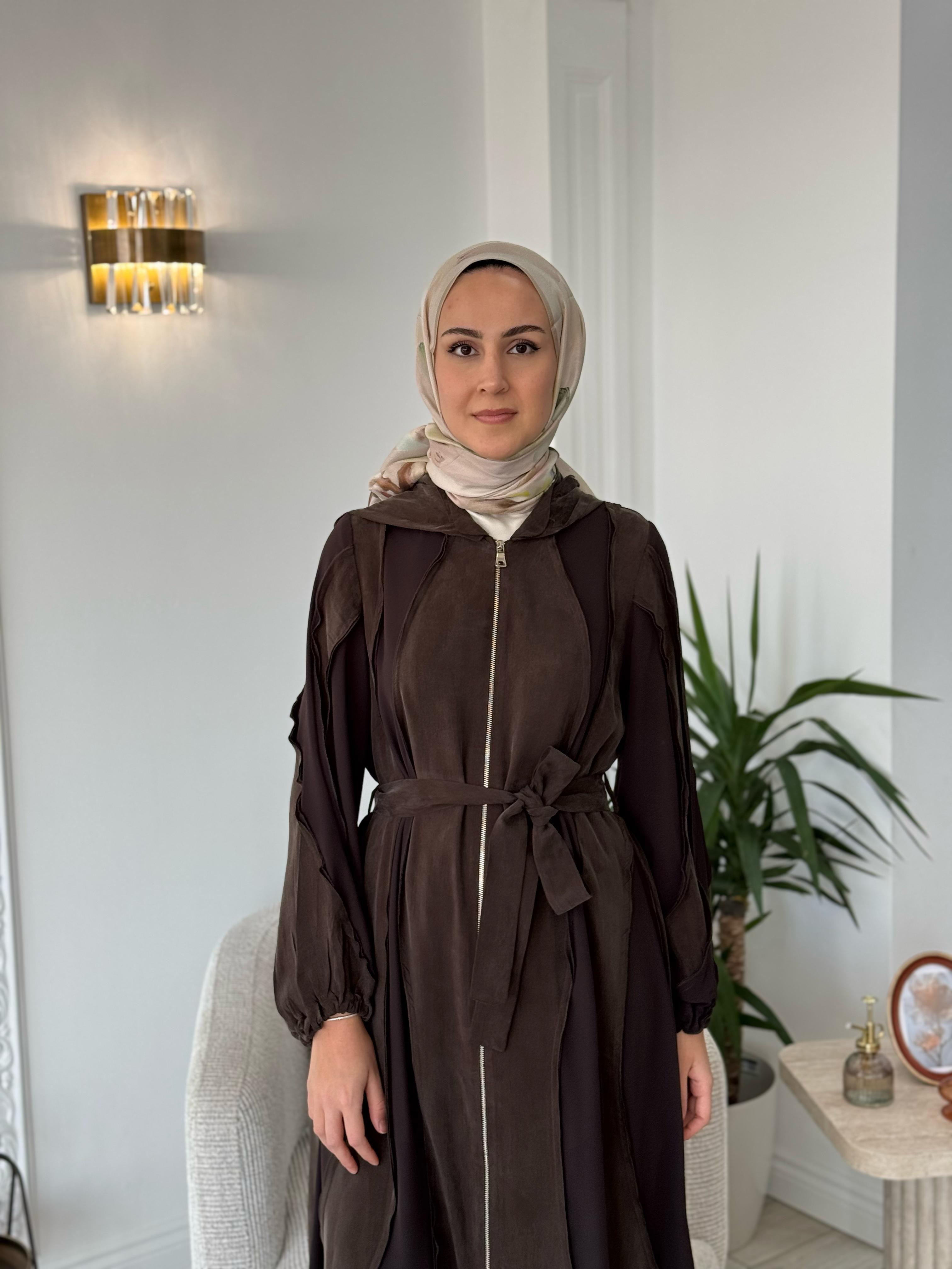 Misswhence Kapüşonlu İpek Pardesü Kahverengi 37506