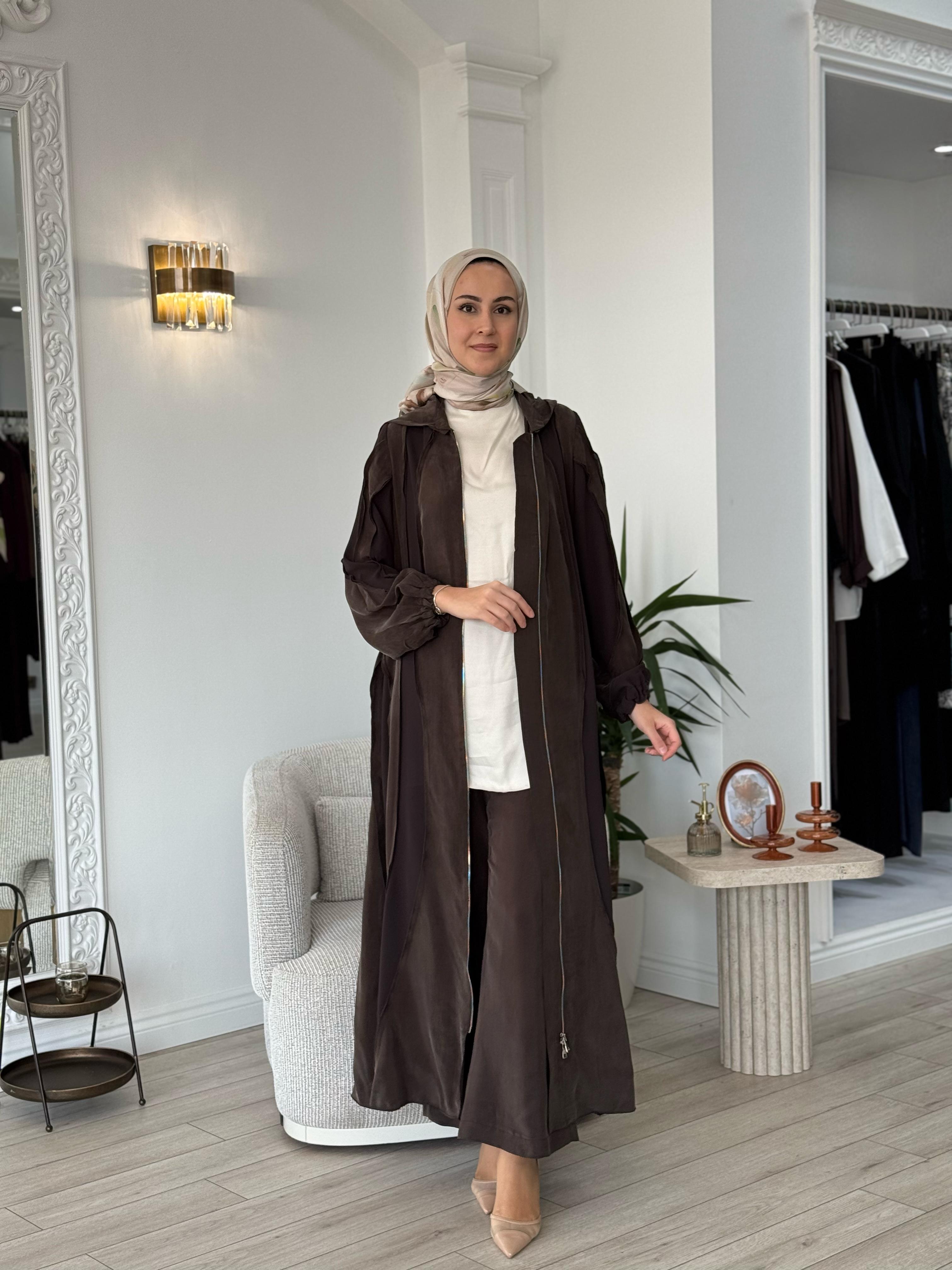 Misswhence Kapüşonlu İpek Pardesü Kahverengi 37506