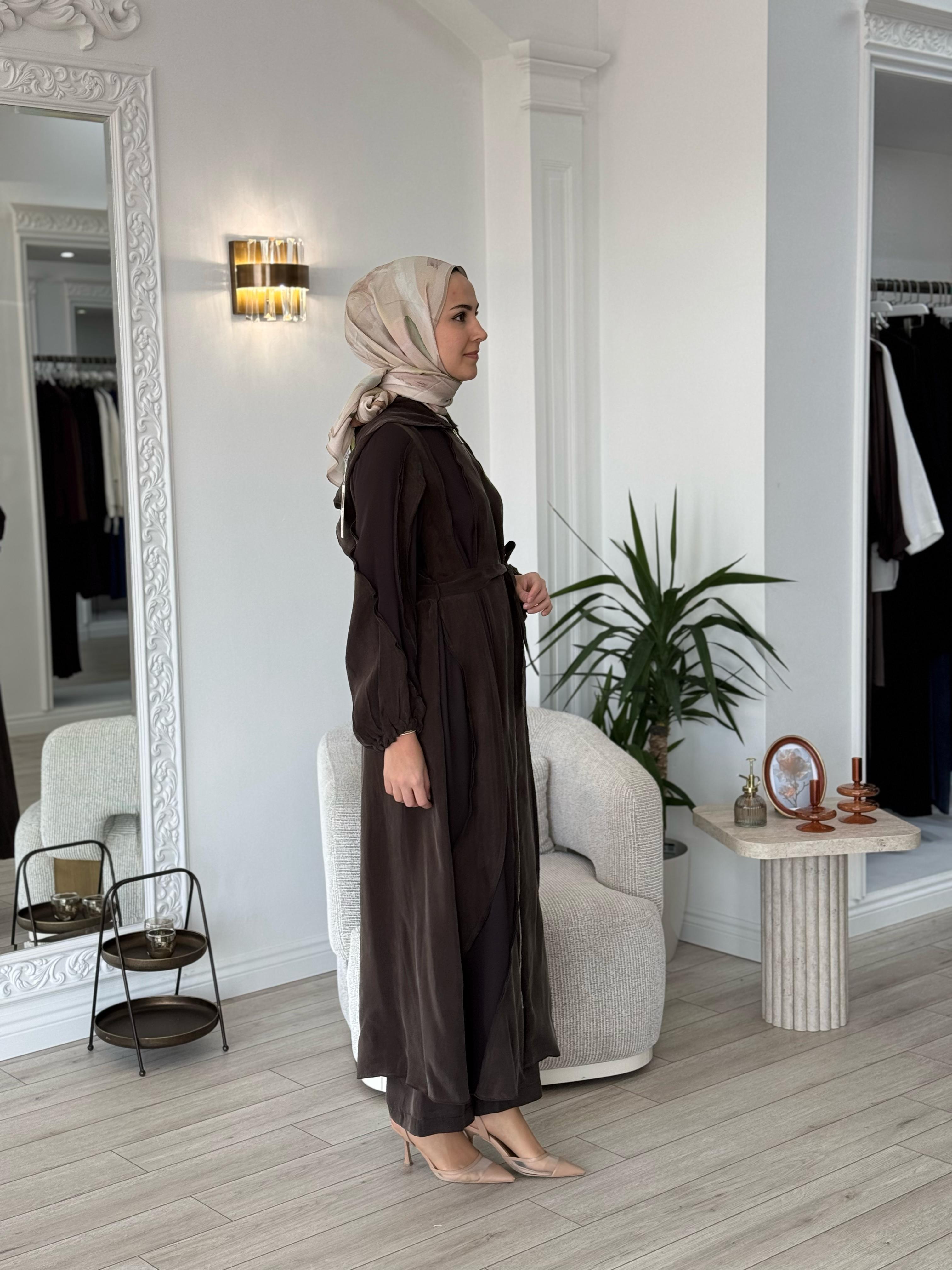 Misswhence Kapüşonlu İpek Pardesü Kahverengi 37506