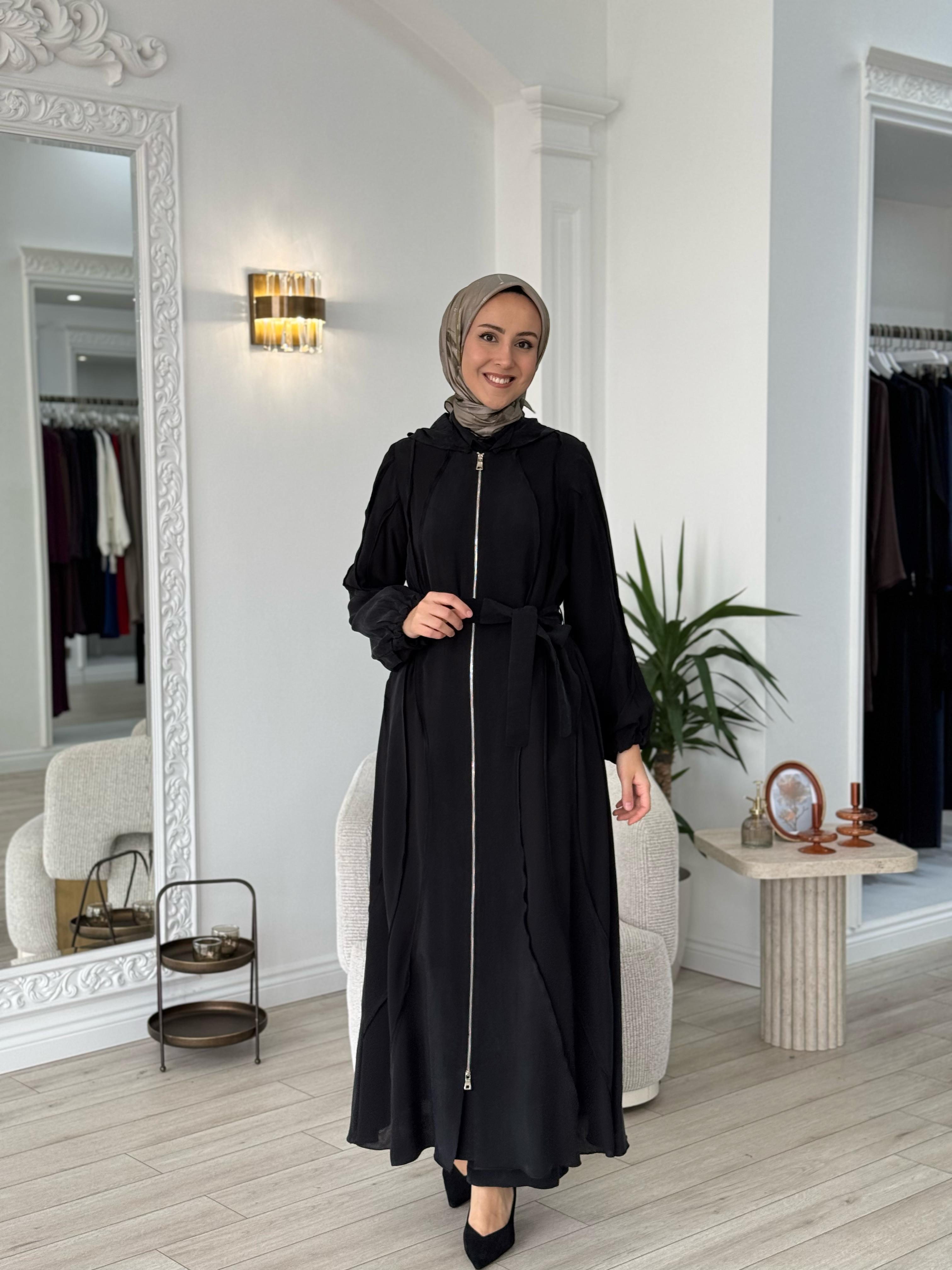 Misswhence Kapüşonlu İpek Pardesü Siyah 37506