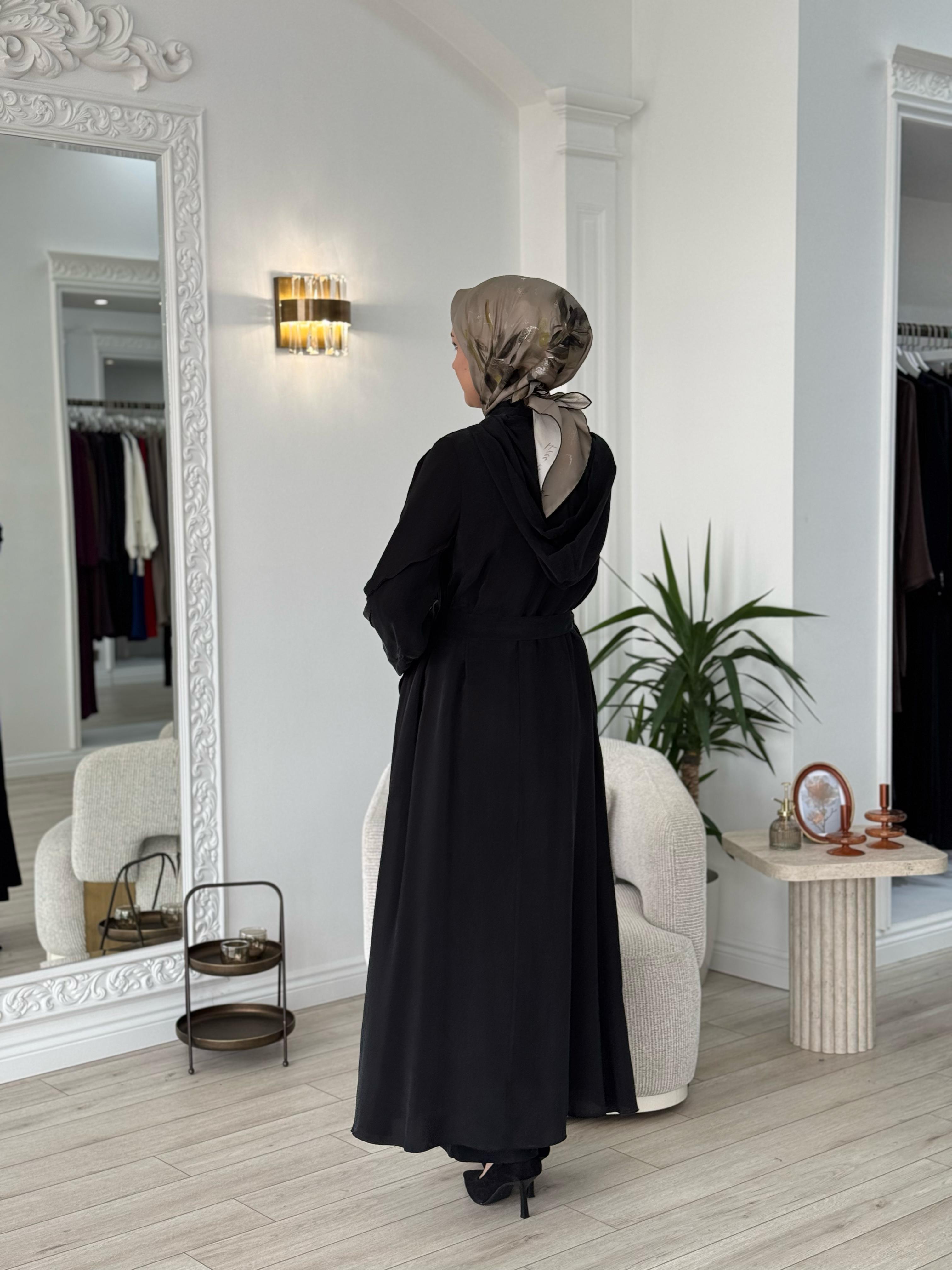 Misswhence Kapüşonlu İpek Pardesü Siyah 37506