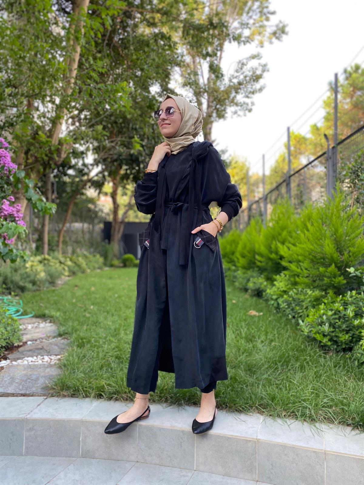 Misswhence Kapüşonlu Kemerli Pardesü Siyah 33509