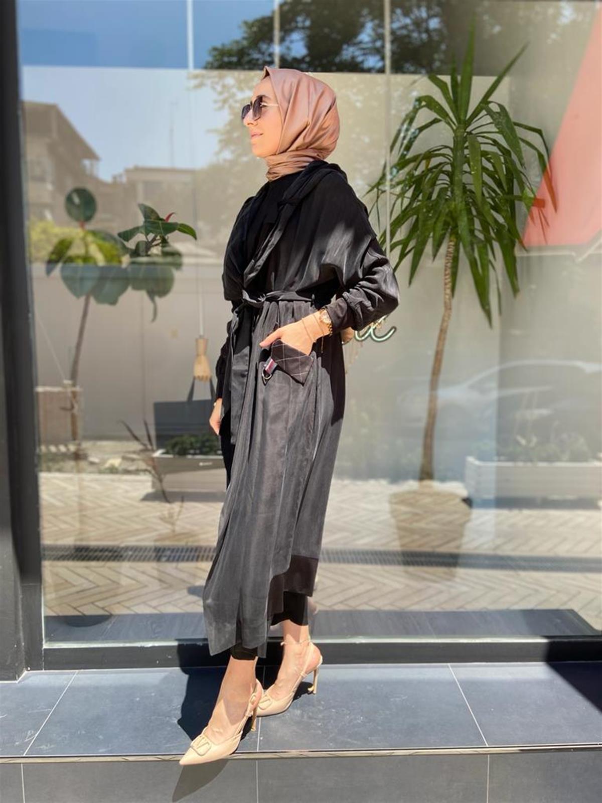 Misswhence Kapüşonlu Kemerli Pardesü Siyah 33509