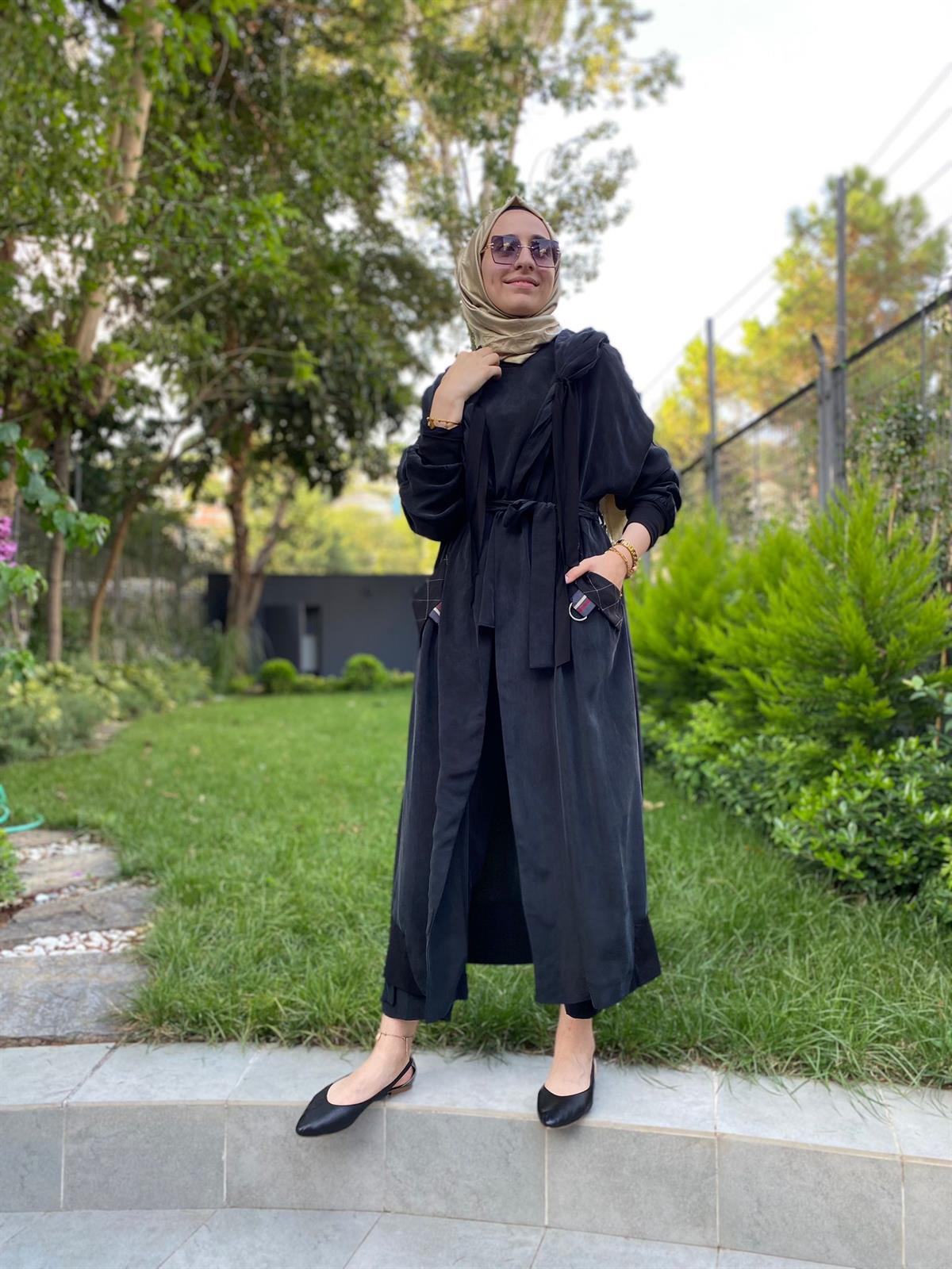 Misswhence Kapüşonlu Kemerli Pardesü Siyah 33509