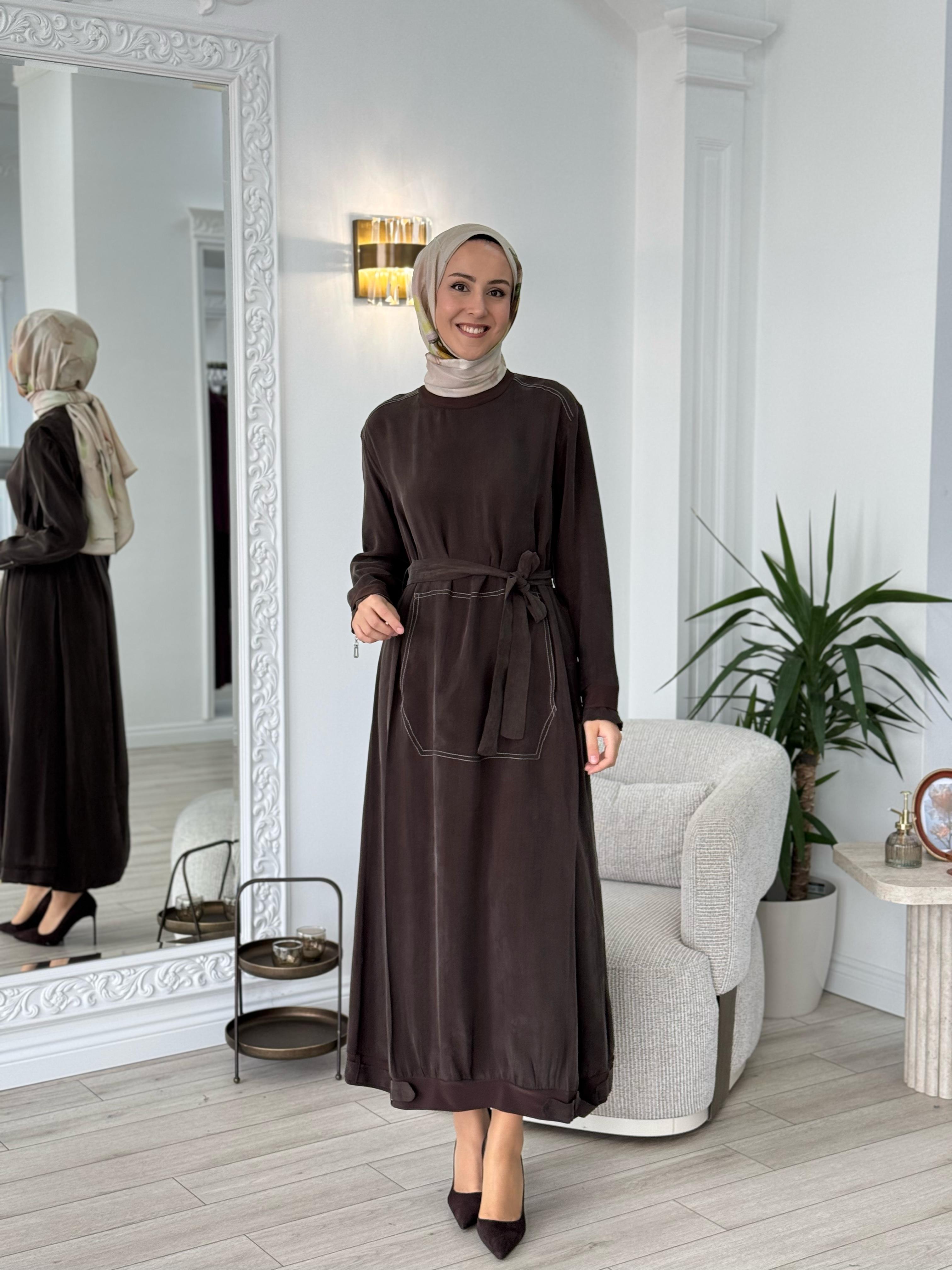 Misswhence Kemerli Cupro Elbise Kahverengi 37838