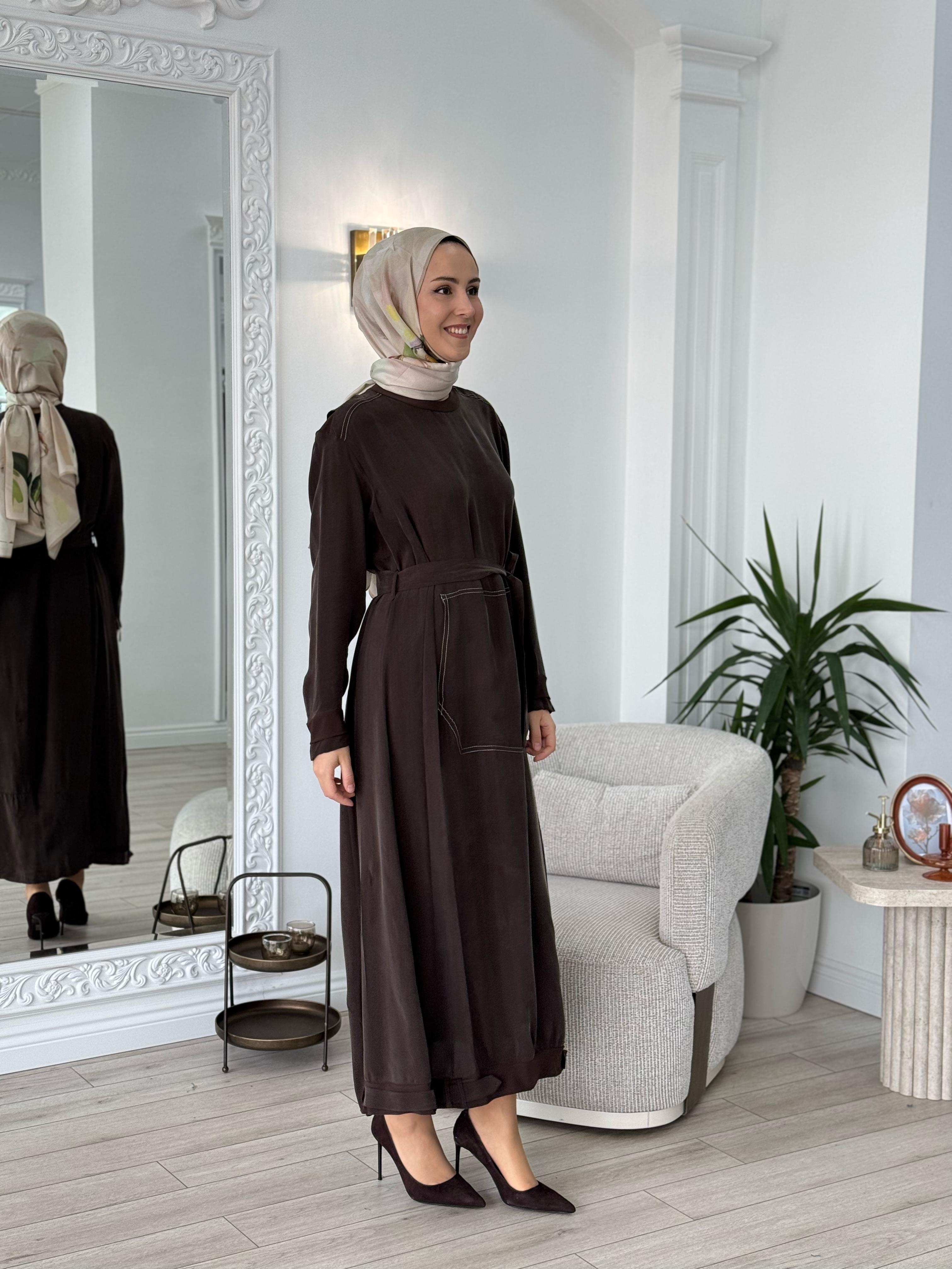 Misswhence Kemerli Cupro Elbise Kahverengi 37838