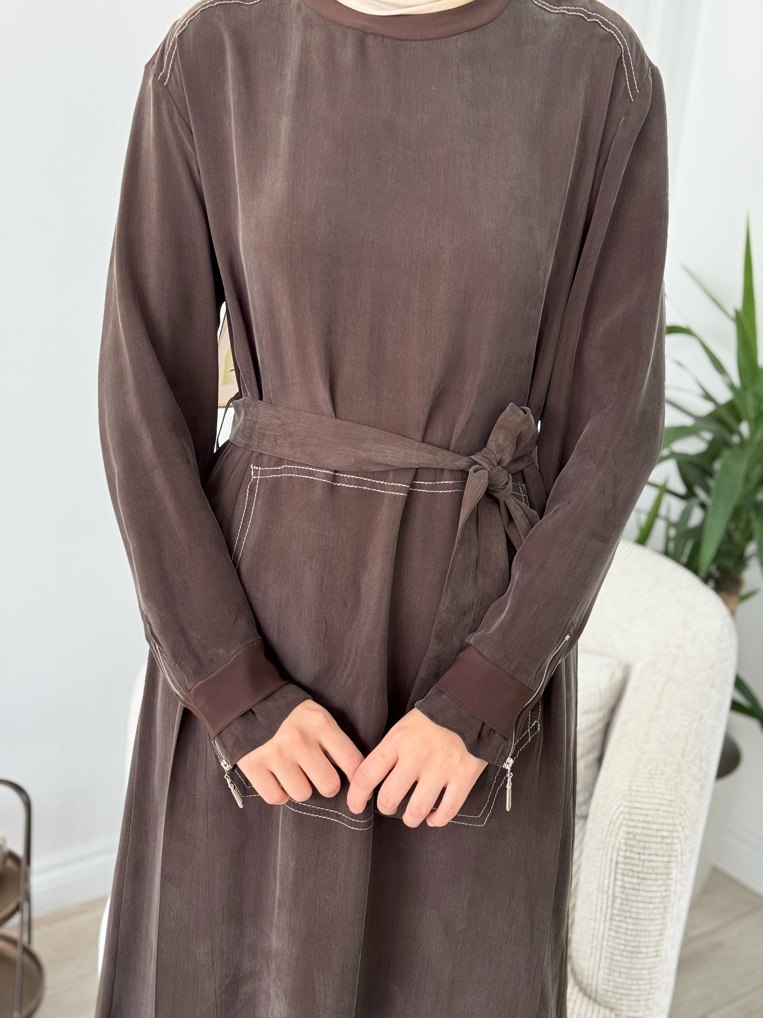 Misswhence Kemerli Cupro Elbise Kahverengi 37838