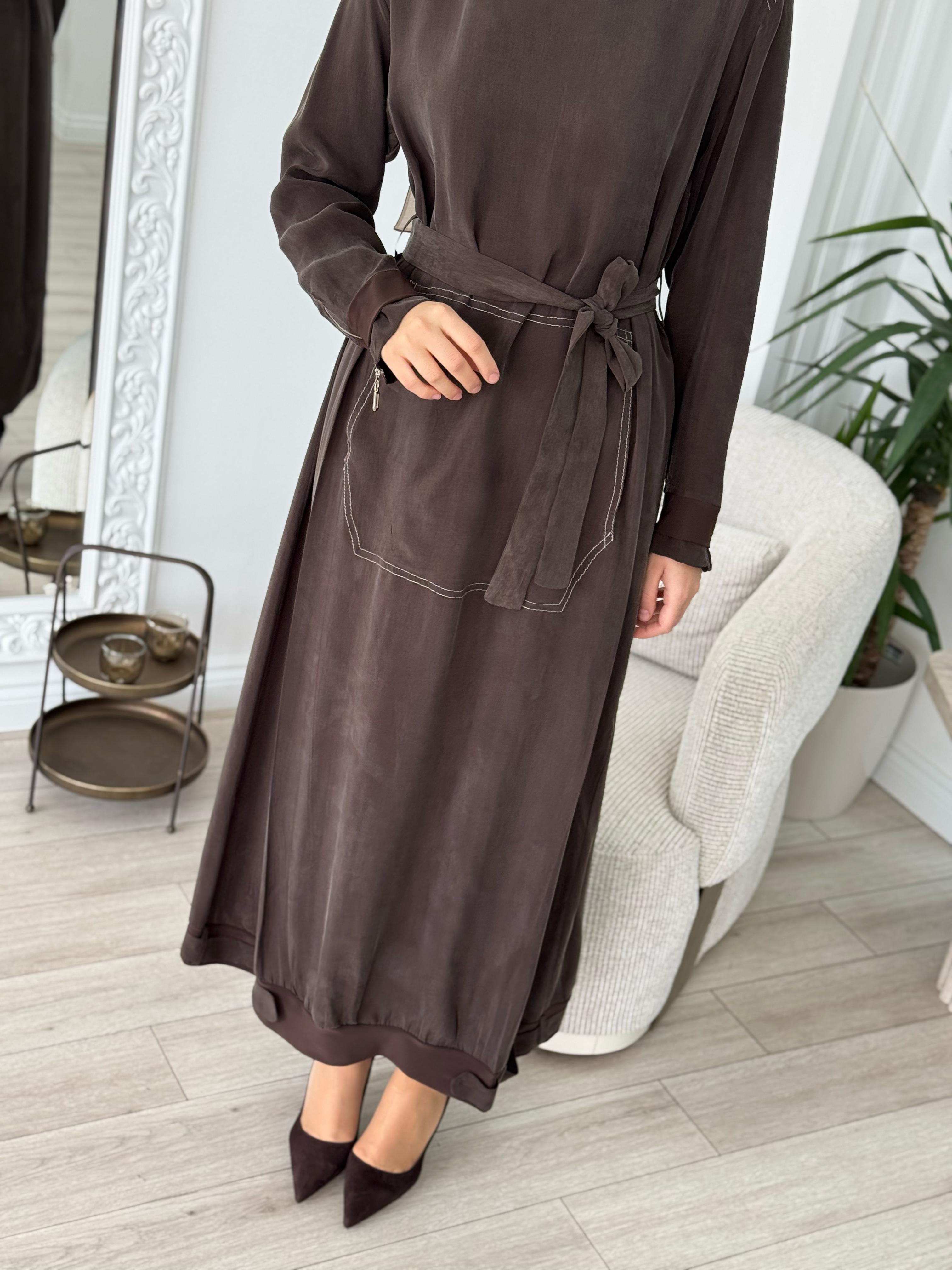 Misswhence Kemerli Cupro Elbise Kahverengi 37838