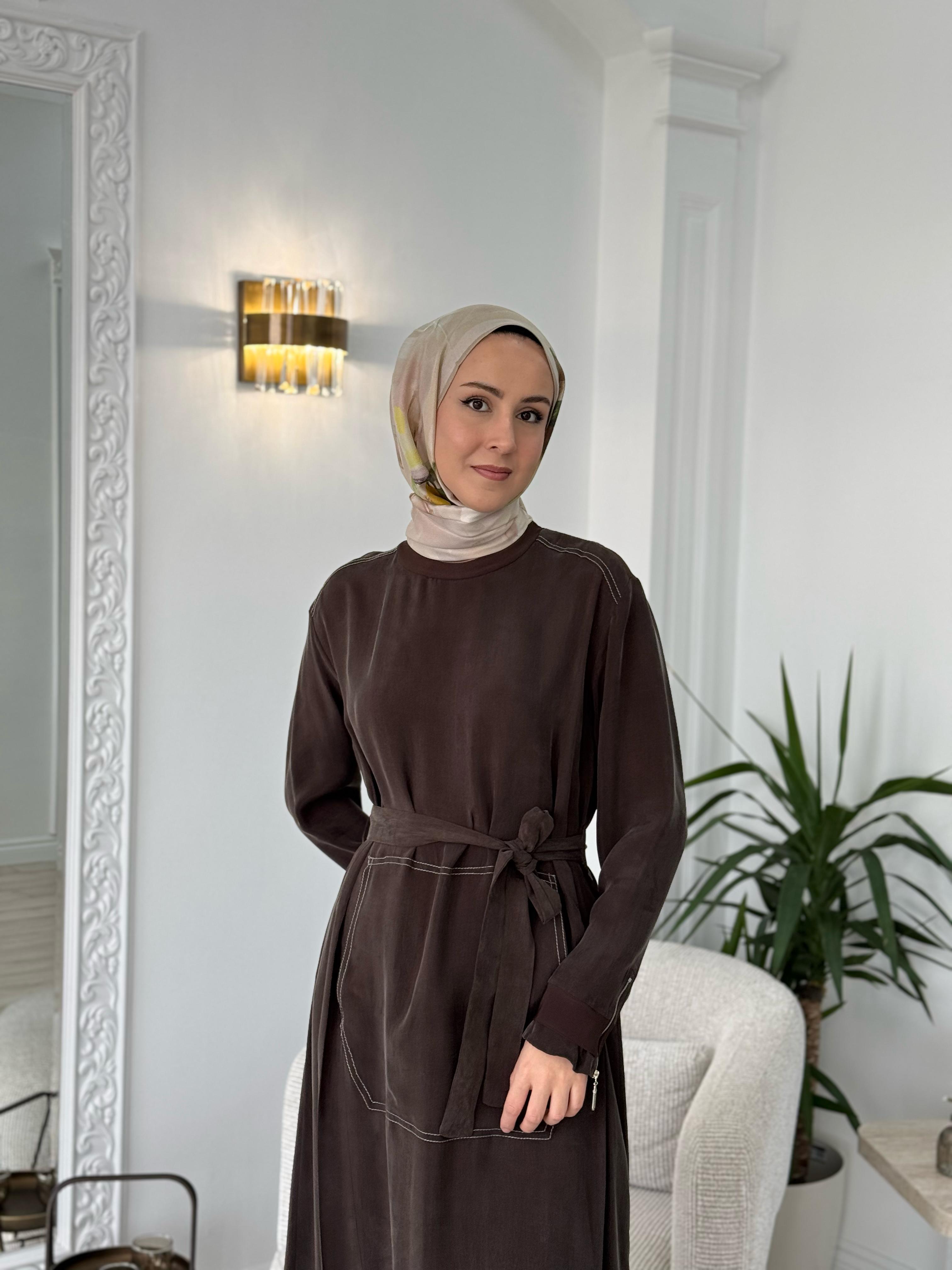 Misswhence Kemerli Cupro Elbise Kahverengi 37838