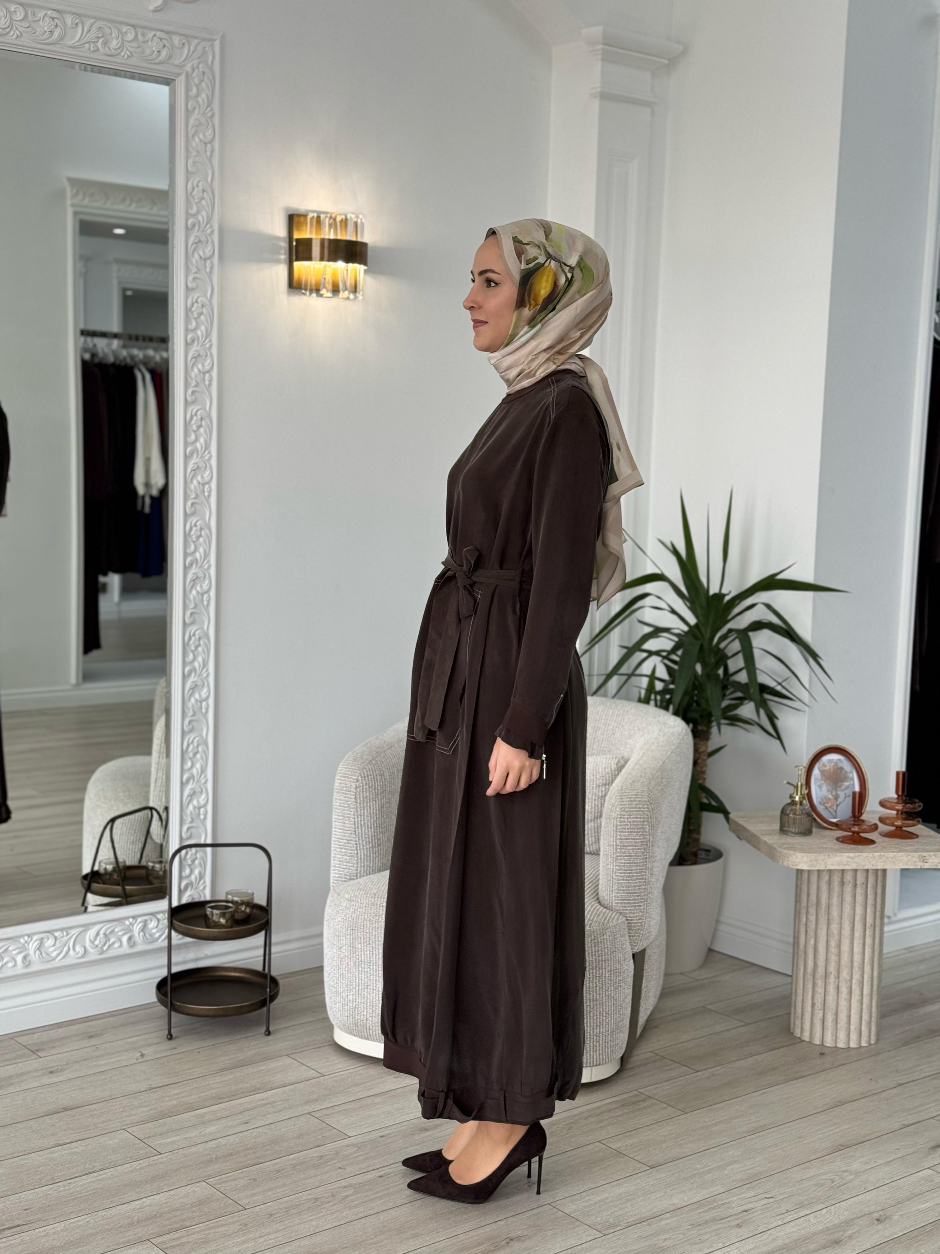 Misswhence Kemerli Cupro Elbise Kahverengi 37838