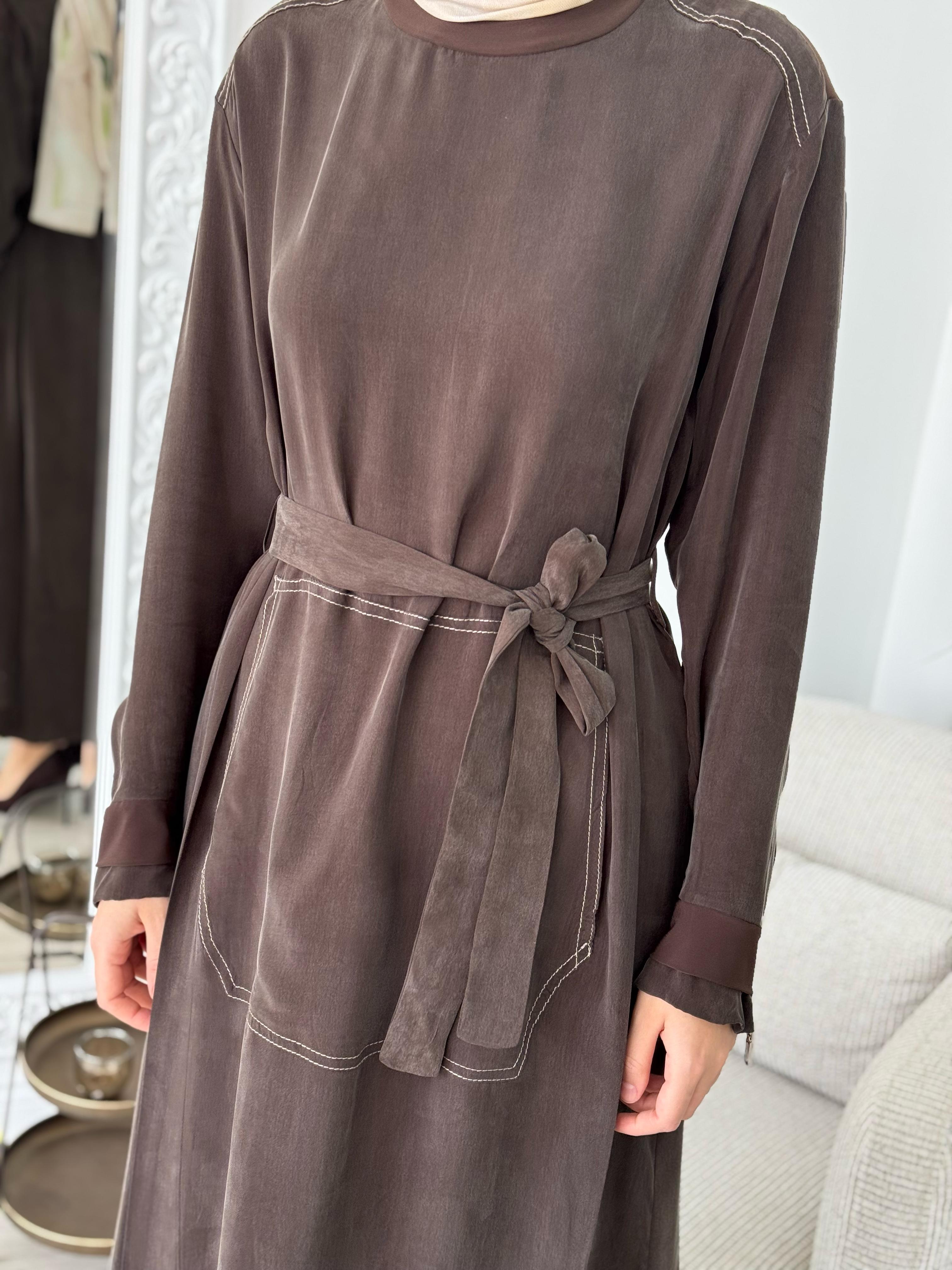Misswhence Kemerli Cupro Elbise Kahverengi 37838