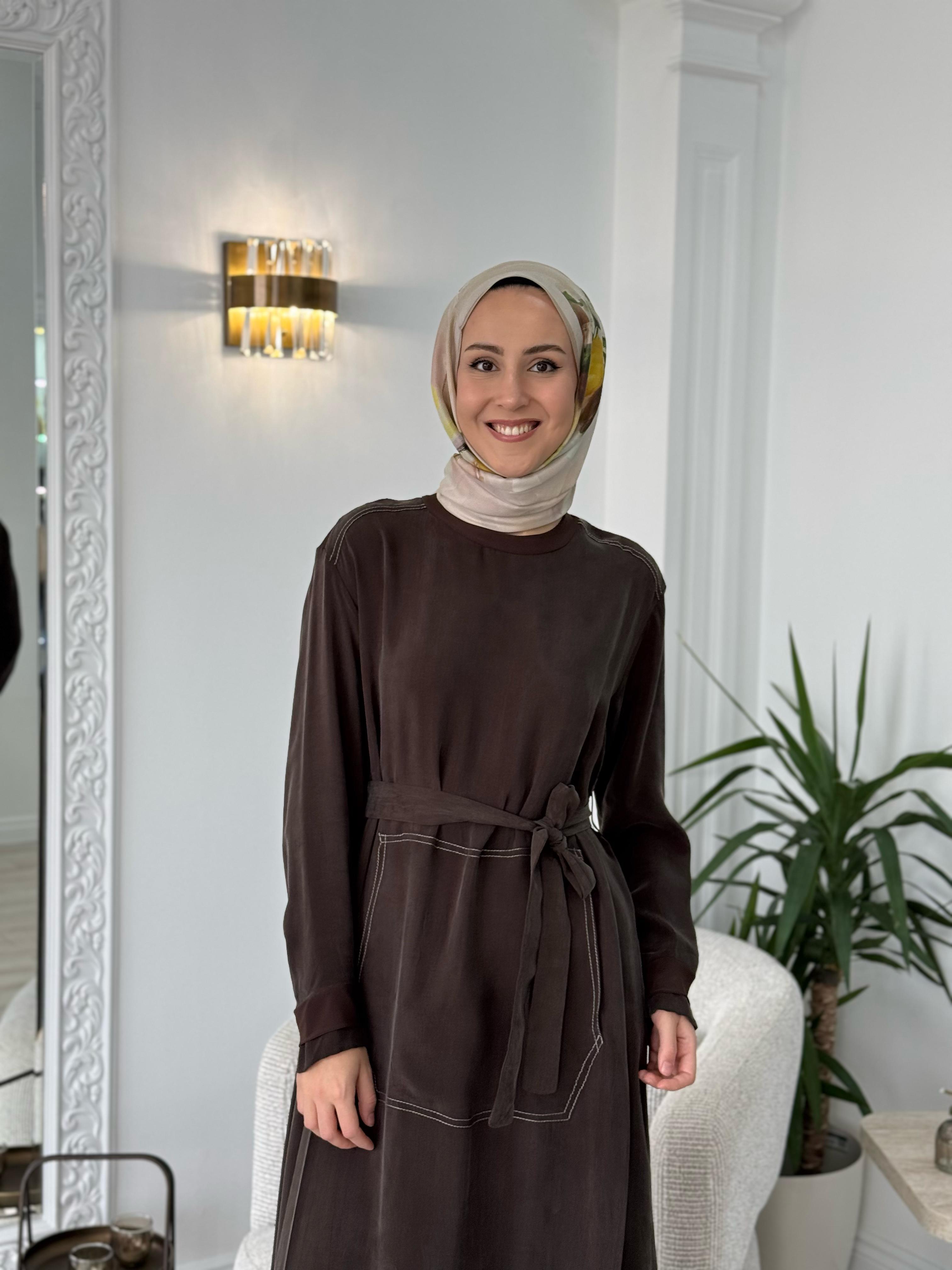 Misswhence Kemerli Cupro Elbise Kahverengi 37838