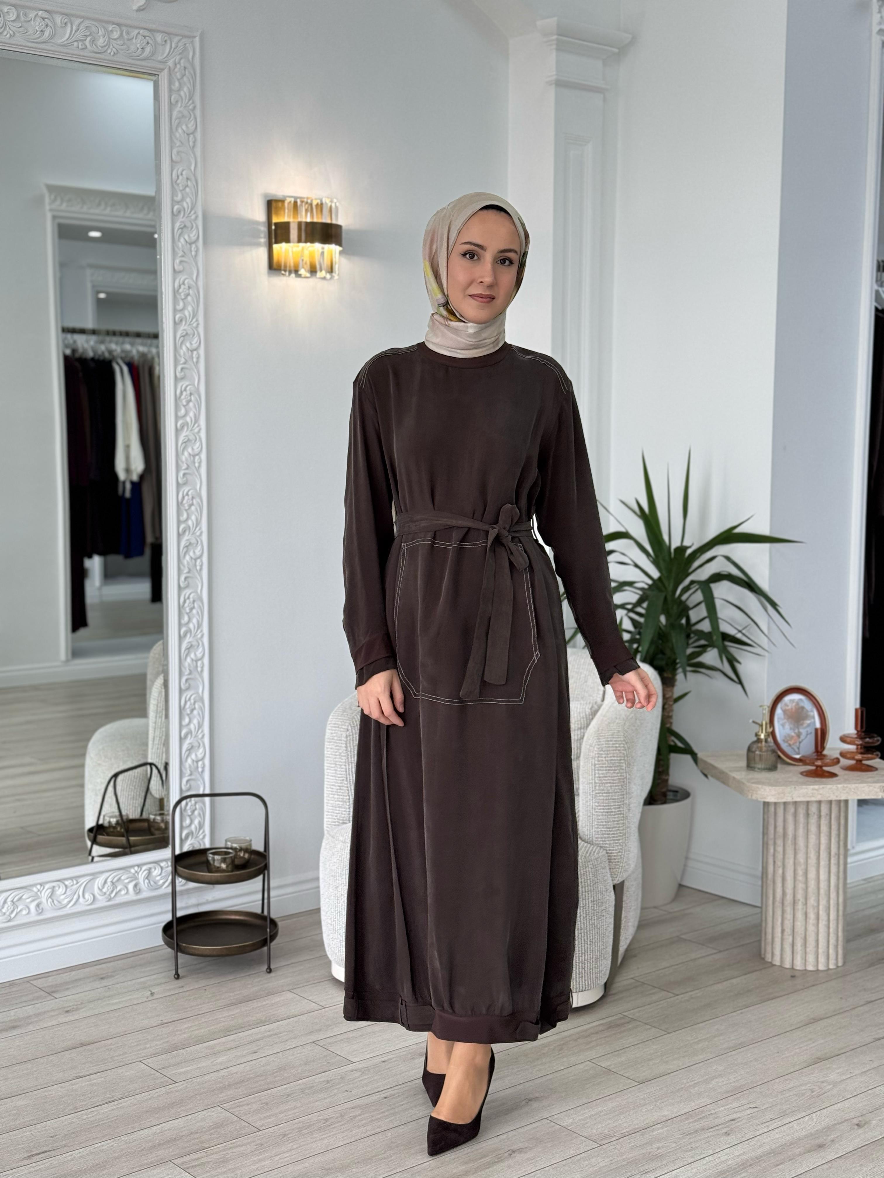 Misswhence Kemerli Cupro Elbise Kahverengi 37838